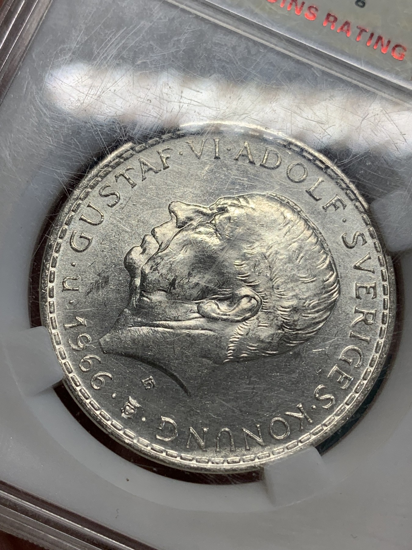 《竞宝斋》第192场-周日，周一 2场 (全场包邮) 保粹MS66 瑞典1966年宪法变革100周年纪念5克朗银币。