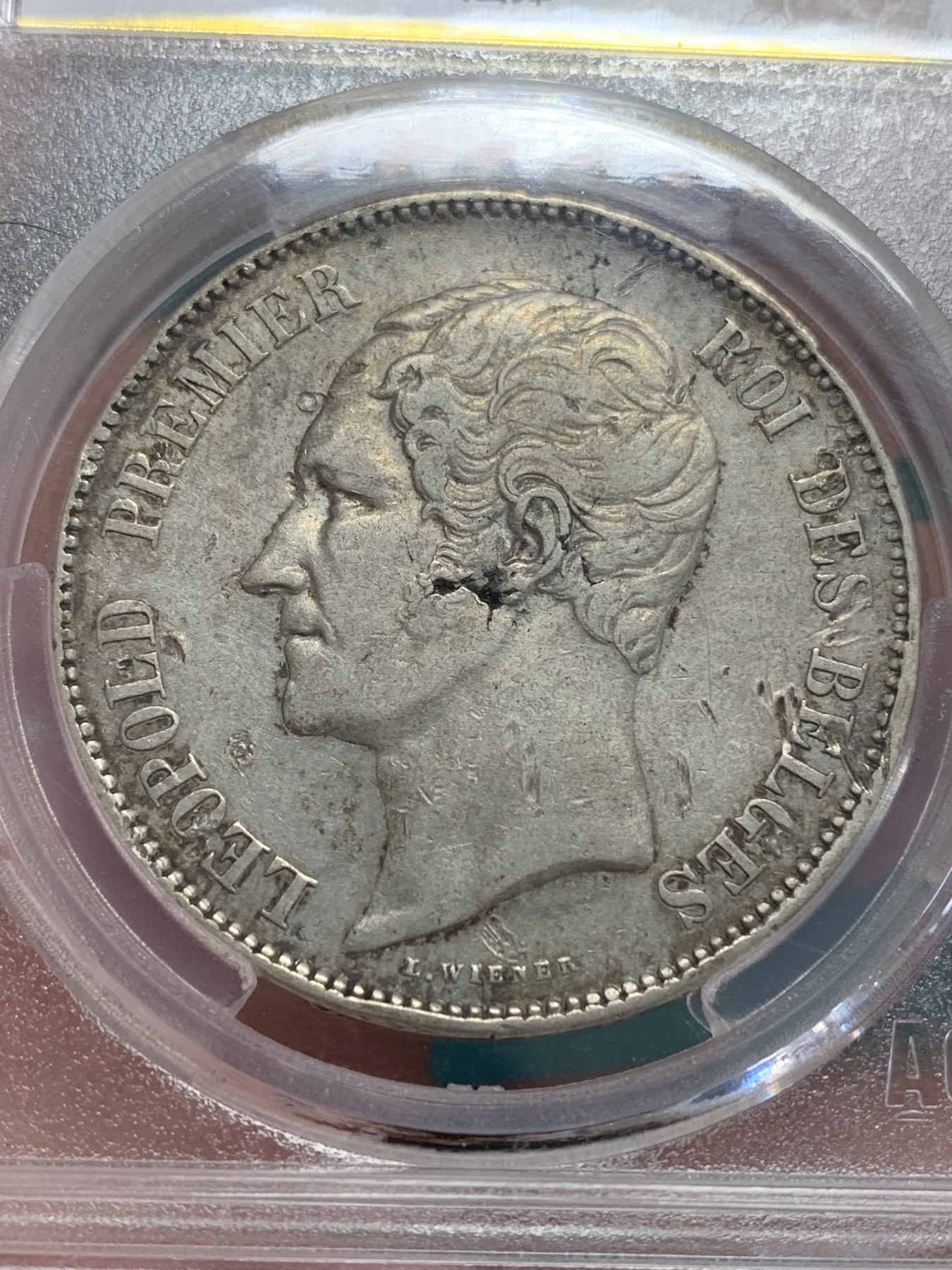 《竞宝斋》第192场-周日，周一 2场 (全场包邮) 爱藏XF 比利时1850年利奥波德一世5法郎银币 细节见图 耳部有铸缺