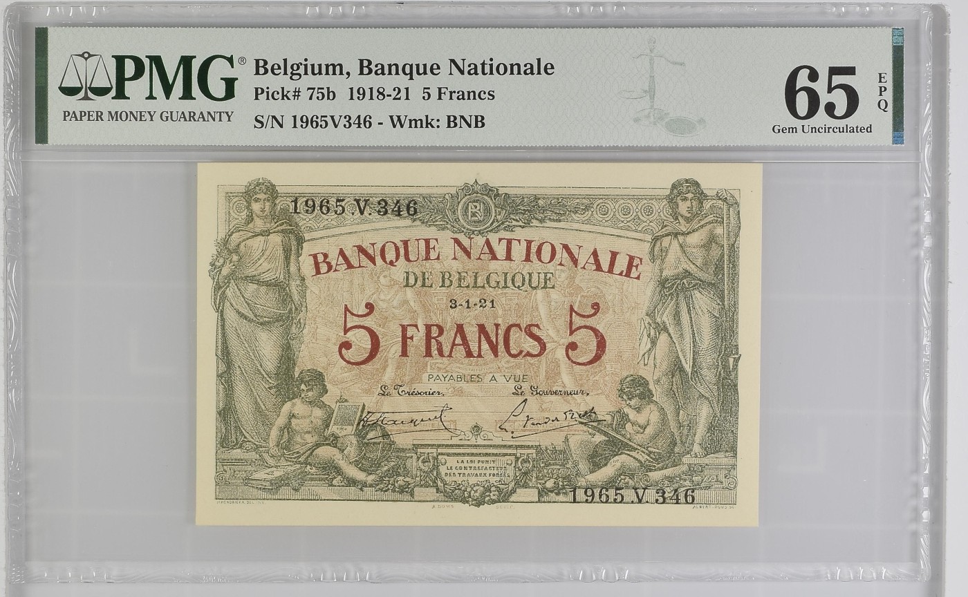 收藏联盟Quantum Auction 第285期拍卖  比利时1918-21年5法郎 PMG65 