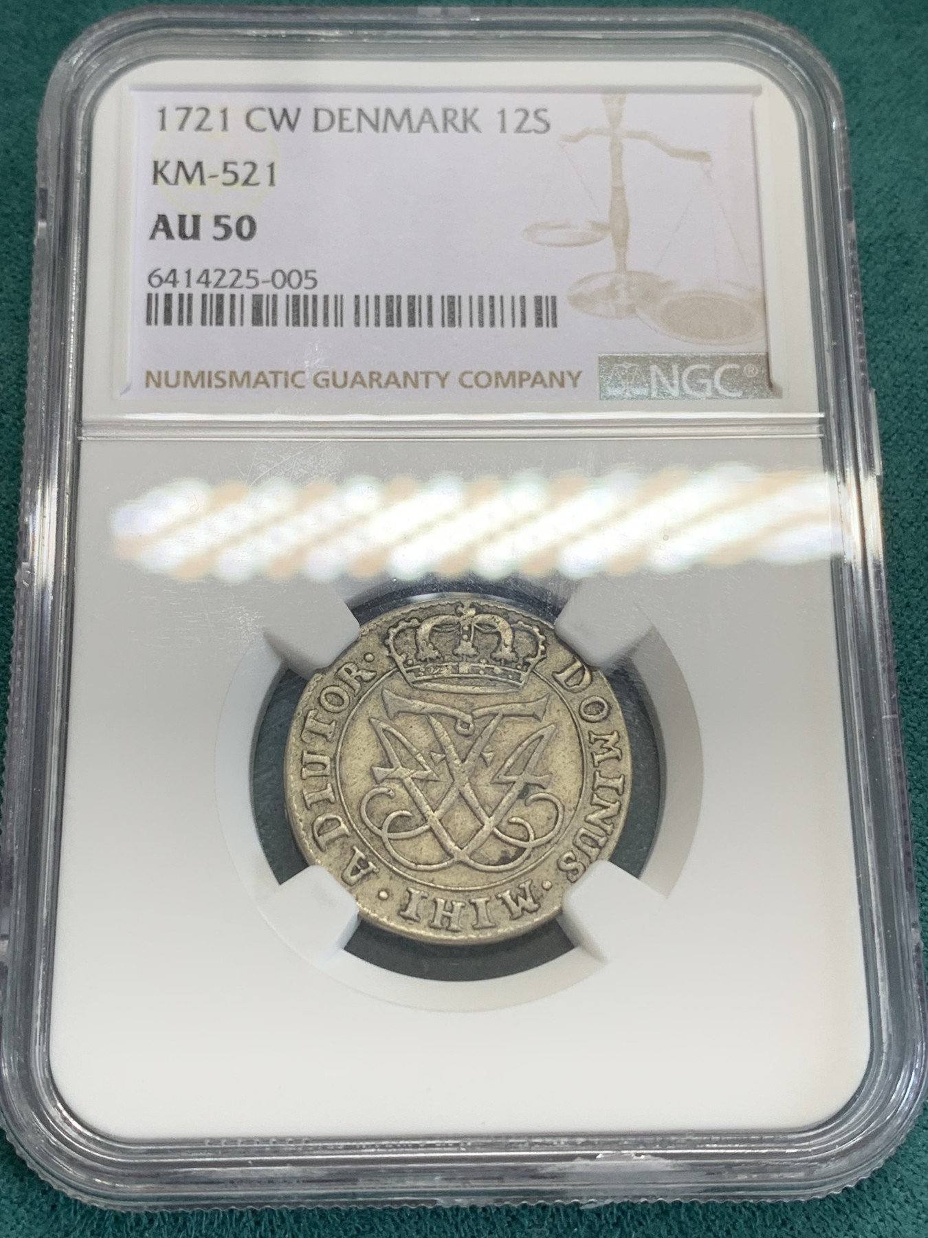 《竞宝斋》第192场-周日，周一 2场 (全场包邮) NGC AU50 丹麦1721年12s银币 原味包浆 低评