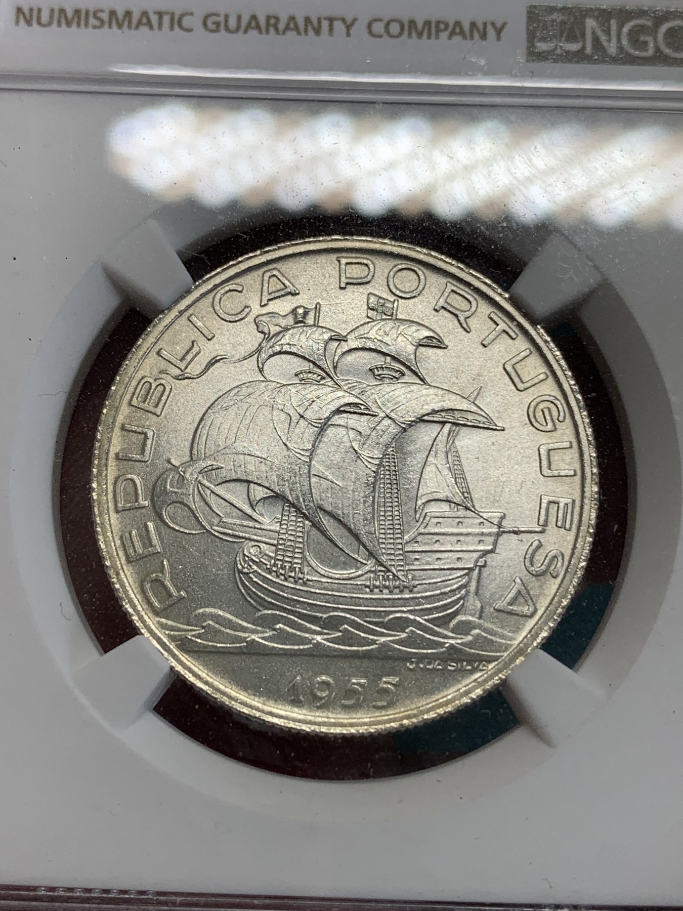 《竞宝斋》第192场-周日，周一 2场 (全场包邮) NGC-MS65 葡萄牙1955年大帆船10埃斯库多银币