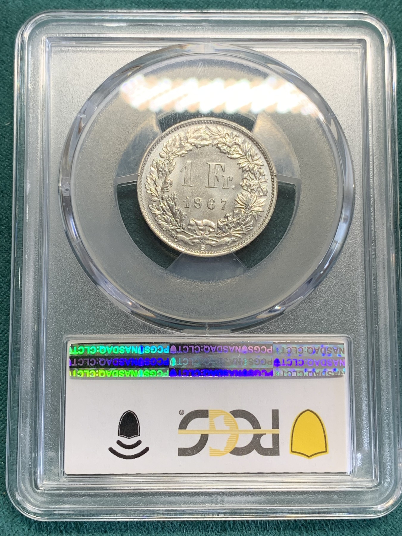 《竞宝斋》第192场-周日，周一 2场 (全场包邮) PCGS MS67 1967B 瑞士1法郎银币 超高分 1法郎关门银币