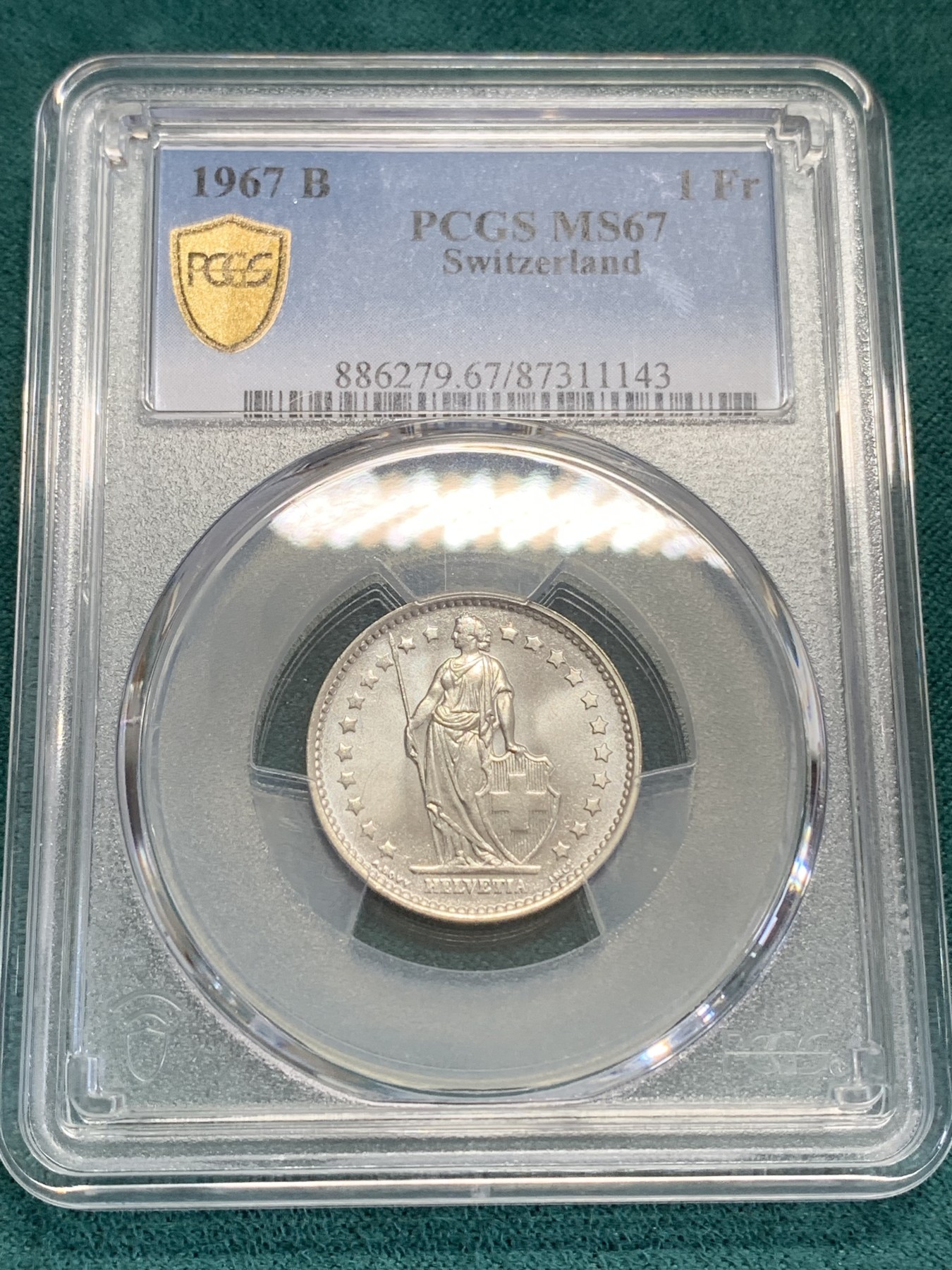 《竞宝斋》第192场-周日，周一 2场 (全场包邮) PCGS MS67 1967B 瑞士1法郎银币 超高分 1法郎关门银币