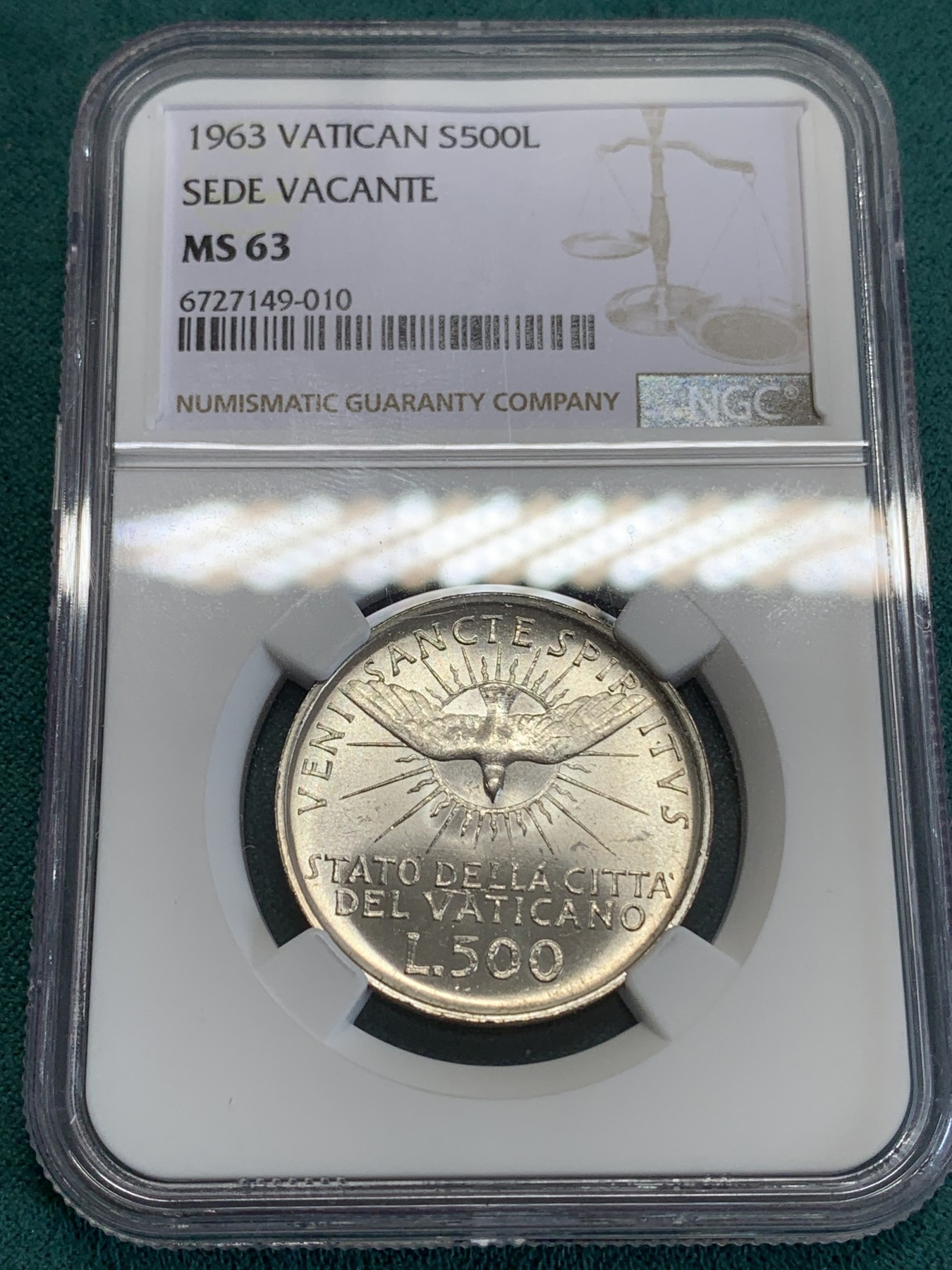 《竞宝斋》第192场-周日，周一 2场 (全场包邮) NGC-MS63 梵蒂冈1963年500里拉缺位银币 转光明显