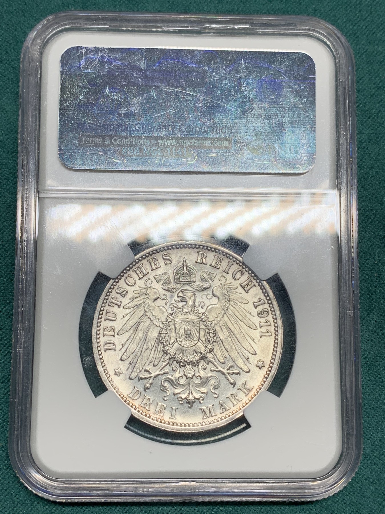 《竞宝斋》第192场-周日，周一 2场 (全场包邮) NGC-MS65 德国1911符腾堡威廉二世3马克纪念银币 高分