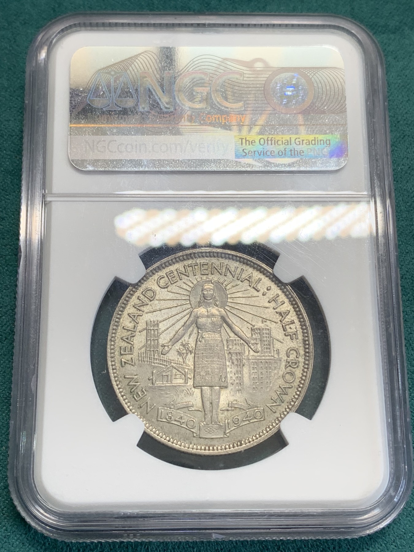 《竞宝斋》第192场-周日，周一 2场 (全场包邮) NGC-MS62 新西兰 1940年 乔六头像新西兰百年纪念半元银币 数量稀少仅发行十万枚 黄油光状态好