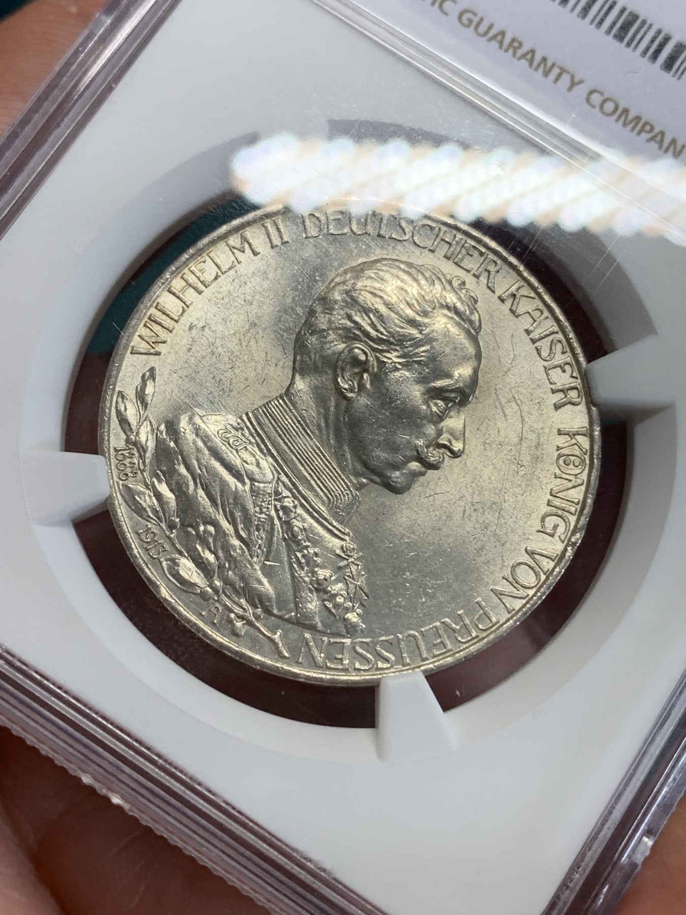 《竞宝斋》第192场-周日，周一 2场 (全场包邮) NGC-MS61 德国1913年普鲁士威廉二世军装版3马克银币