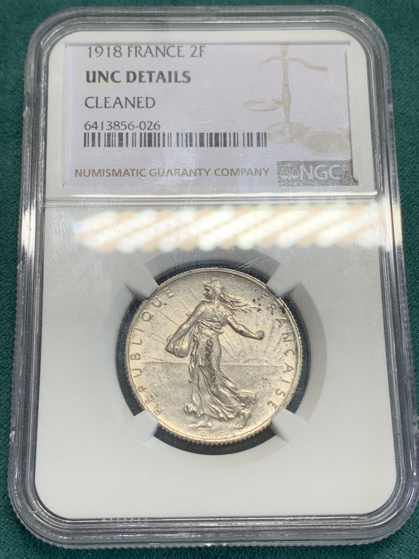 《竞宝斋》第192场-周日，周一 2场 (全场包邮) NGC-UNC 法国 1918年播种女神2法郎银币 细节好 清洗痕迹轻微