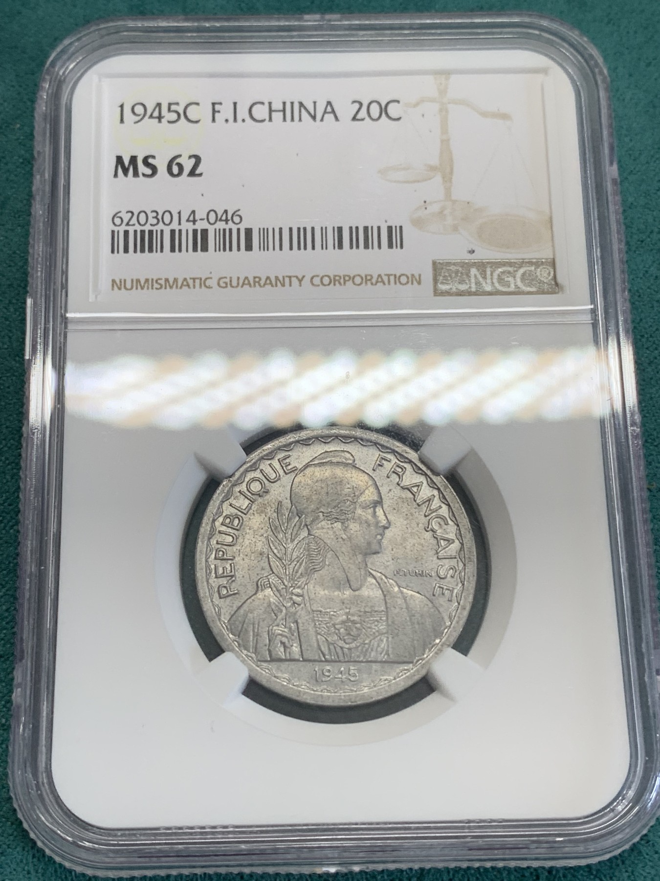 《竞宝斋》第192场-周日，周一 2场 (全场包邮) NGC MS62 1945年法属印支20分