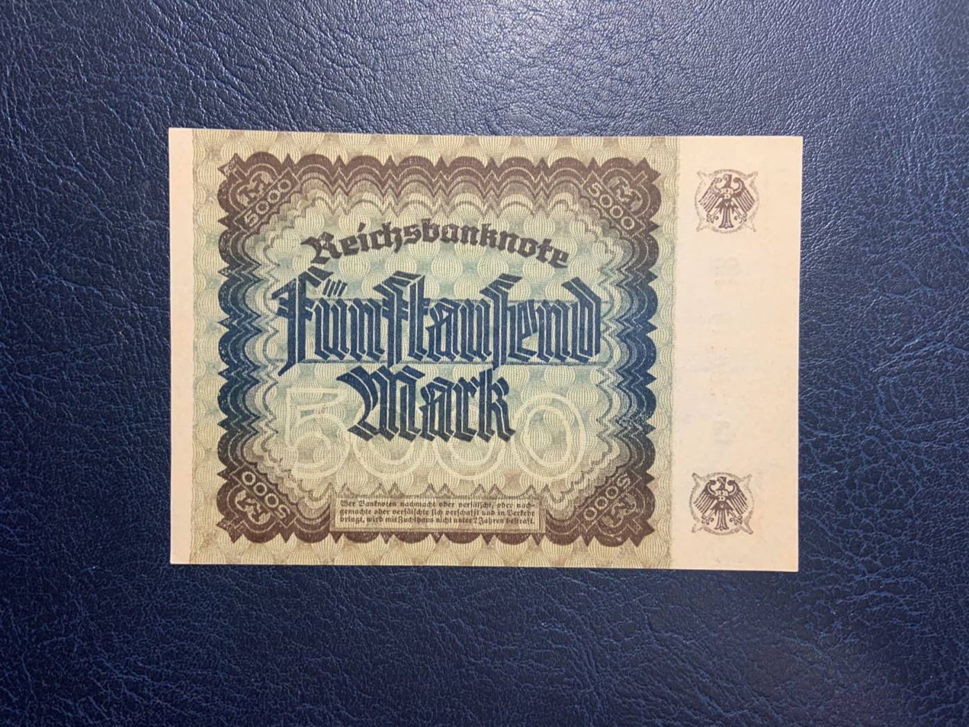 收藏联盟Quantum Auction 第285期拍卖  德国1922年5000马克 品相UNC 票面有瑕疵 点钞痕