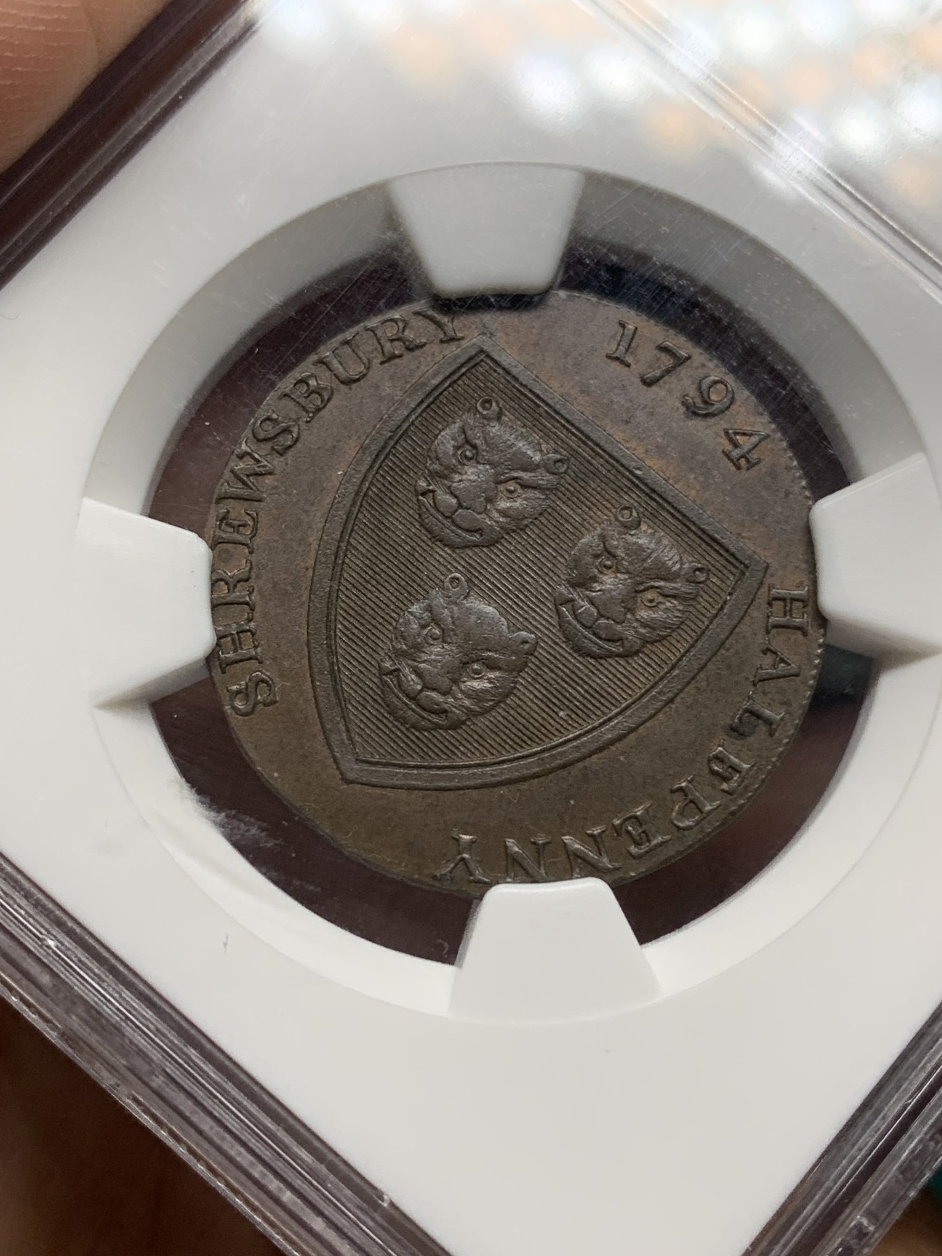 《竞宝斋》第192场-周日，周一 2场 (全场包邮) NGC MS64 1794年英国SHREWSBURY 1/2便士代币 老盒高分 收藏级品相