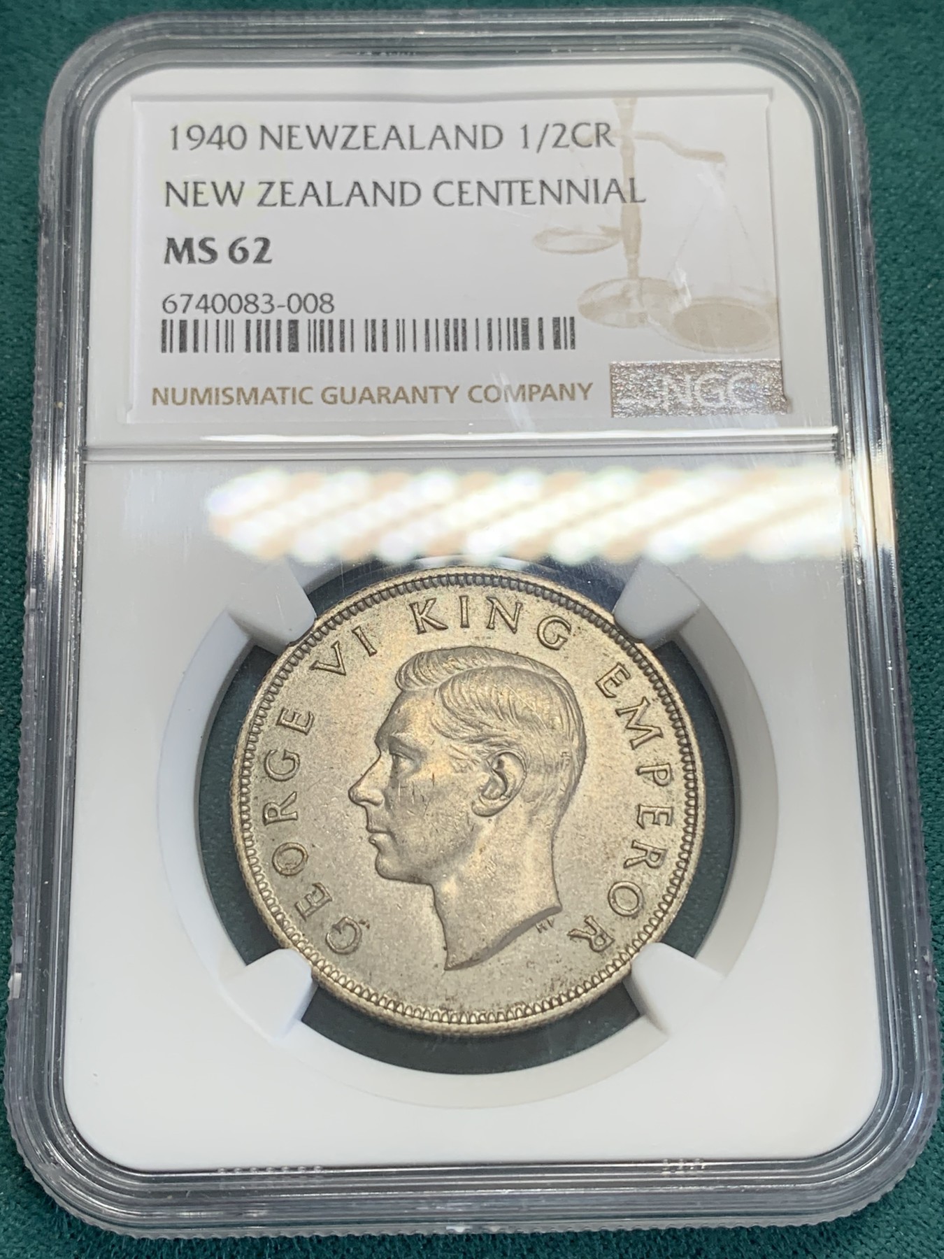 《竞宝斋》第192场-周日，周一 2场 (全场包邮) NGC-MS62 新西兰 1940年 乔六头像新西兰百年纪念半元银币 数量稀少仅发行十万枚 黄油光状态好