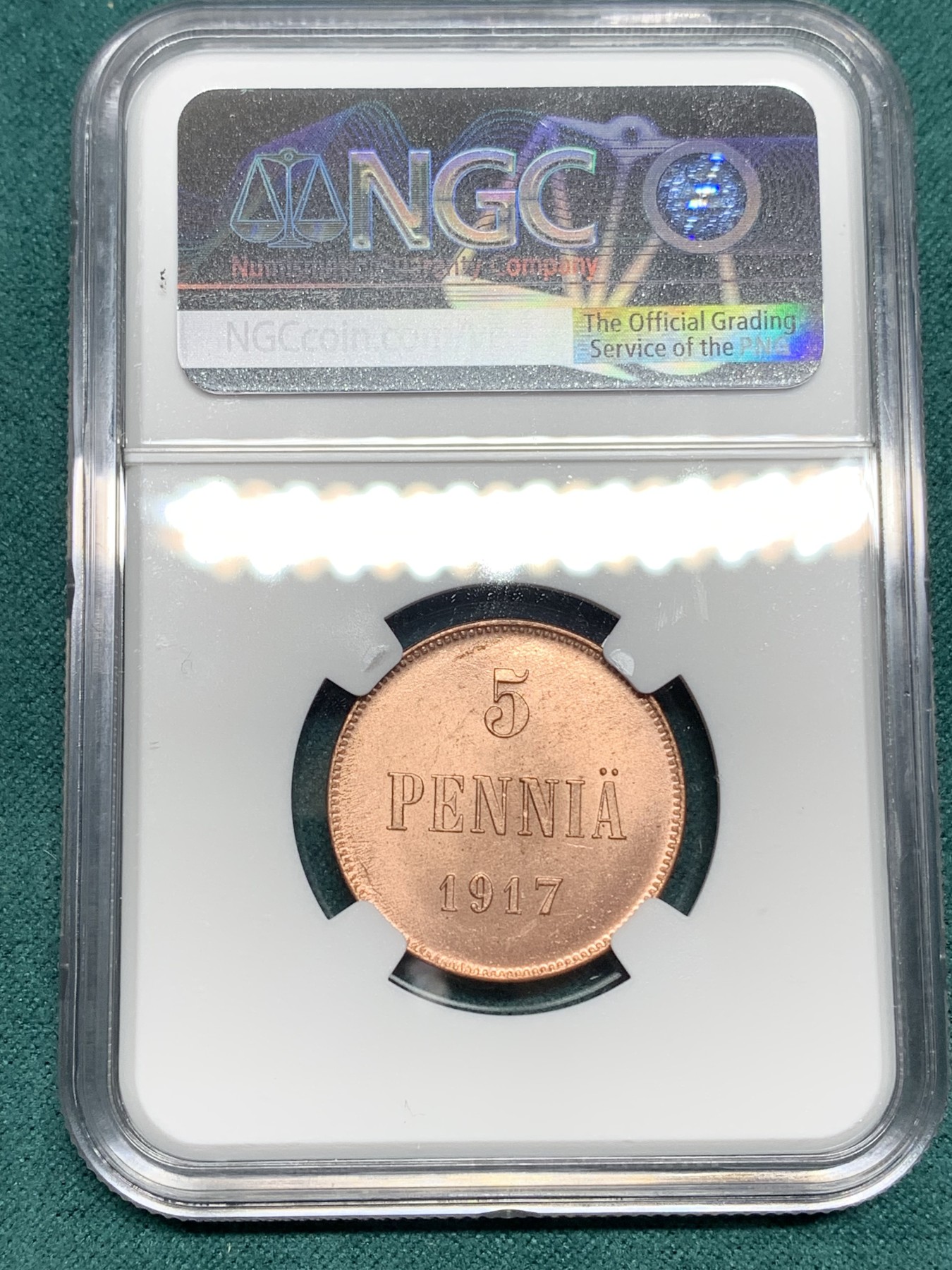 《竞宝斋》第192场-周日，周一 2场 (全场包邮) NGC MS63RD 俄占芬兰1917年克伦斯基临时政府5盆尼铜币，RD不易，一百多年的铜币还能保持如此铜光很难得