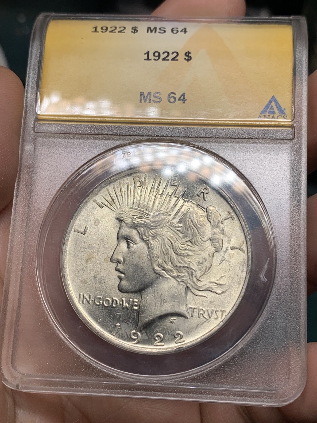 《竞宝斋》第192场-周日，周一 2场 (全场包邮) ANACS-MS64 美国 1922年 1美元 和平币 设计不错的小黄盒