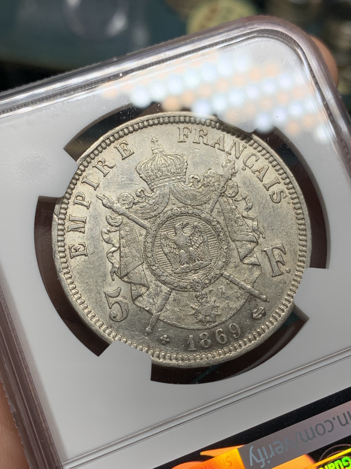 《竞宝斋》第192场-周日，周一 2场 (全场包邮) NGC AU50 法国 1869年BB版拿三5法郎银币 带底光 非常好