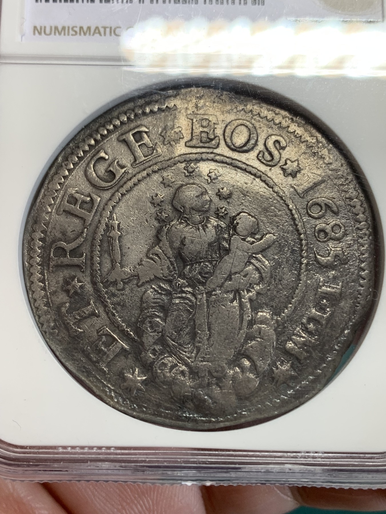 《竞宝斋》第192场-周日，周一 2场 (全场包邮) NGC-VF 意大利1685年 热那亚 圣母抱婴 1斯库多大银币 罕见品种 几乎就是半手打的币