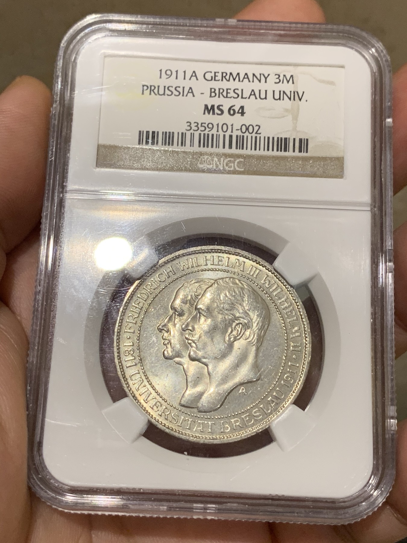 《竞宝斋》第192场-周日，周一 2场 (全场包邮) NGC-MS64 德国普鲁士 1911年 布雷斯劳大学 3马克银币