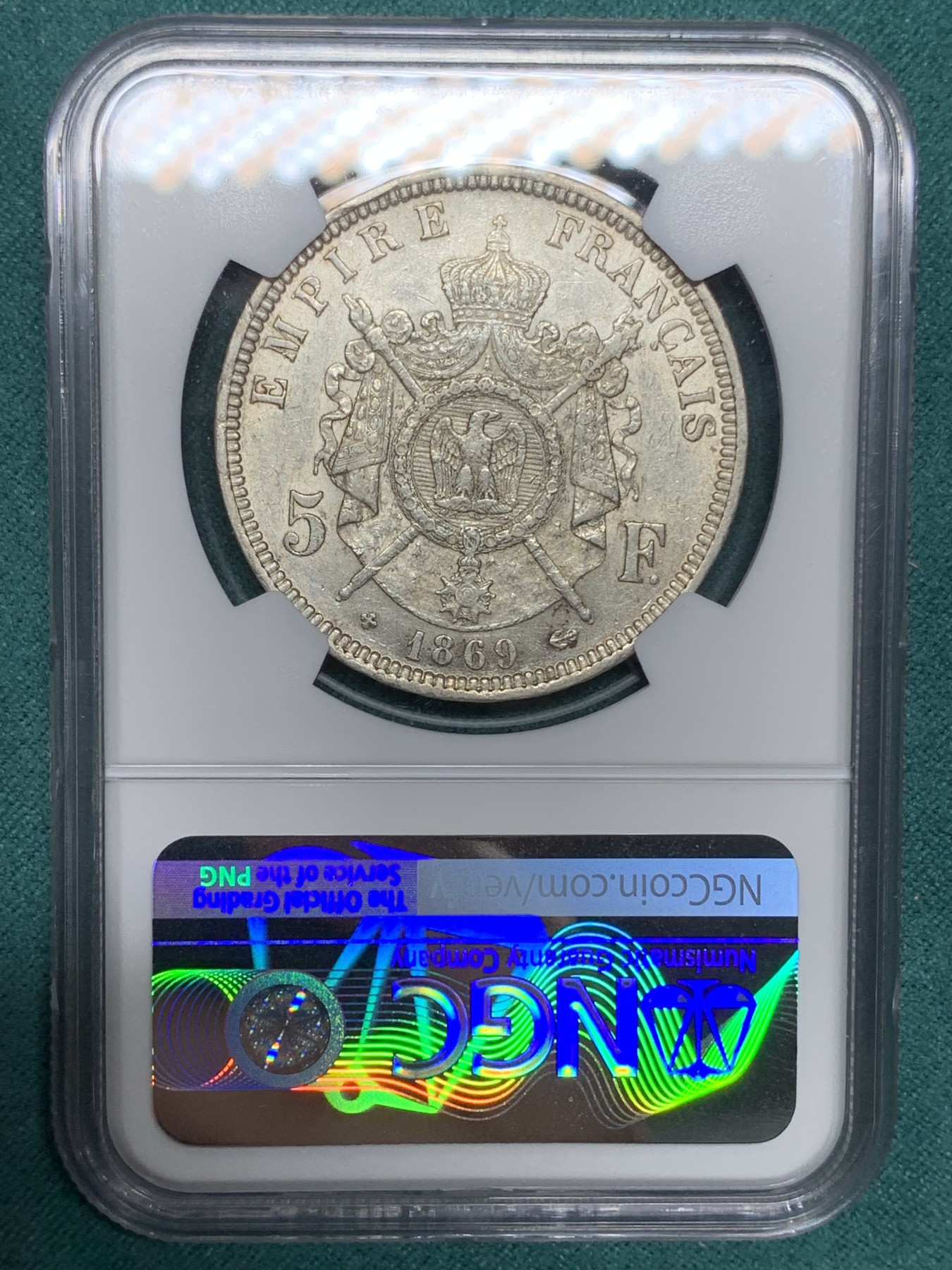 《竞宝斋》第192场-周日，周一 2场 (全场包邮) NGC AU50 法国 1869年BB版拿三5法郎银币 带底光 非常好