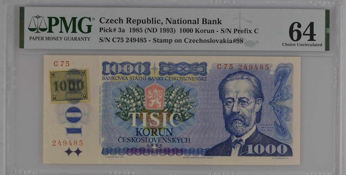收藏联盟Quantum Auction 第285期拍卖  捷克共和国1985 (ND 1993)年1000克朗 PMG64 加贴版 