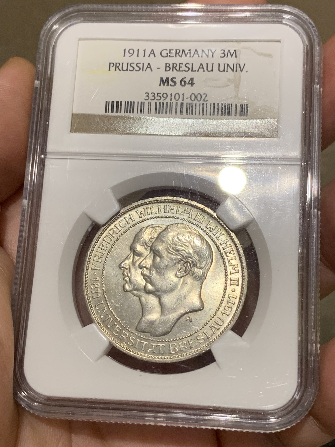 《竞宝斋》第192场-周日，周一 2场 (全场包邮) NGC-MS64 德国普鲁士 1911年 布雷斯劳大学 3马克银币