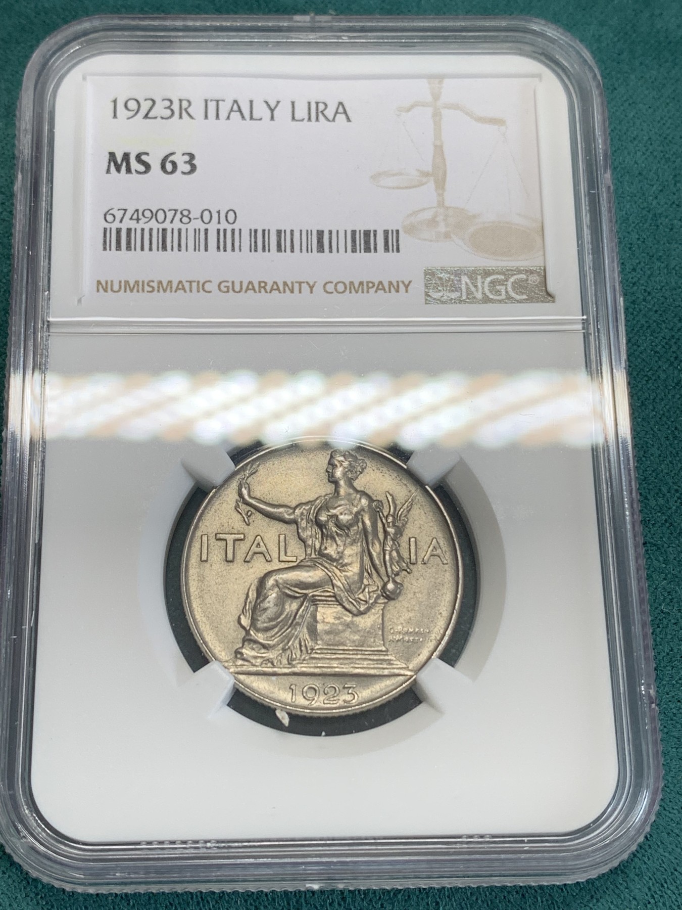 《竞宝斋》第192场-周日，周一 2场 (全场包邮) NGC MS63 高分暴光好品 意大利1923年1里拉女神坐像