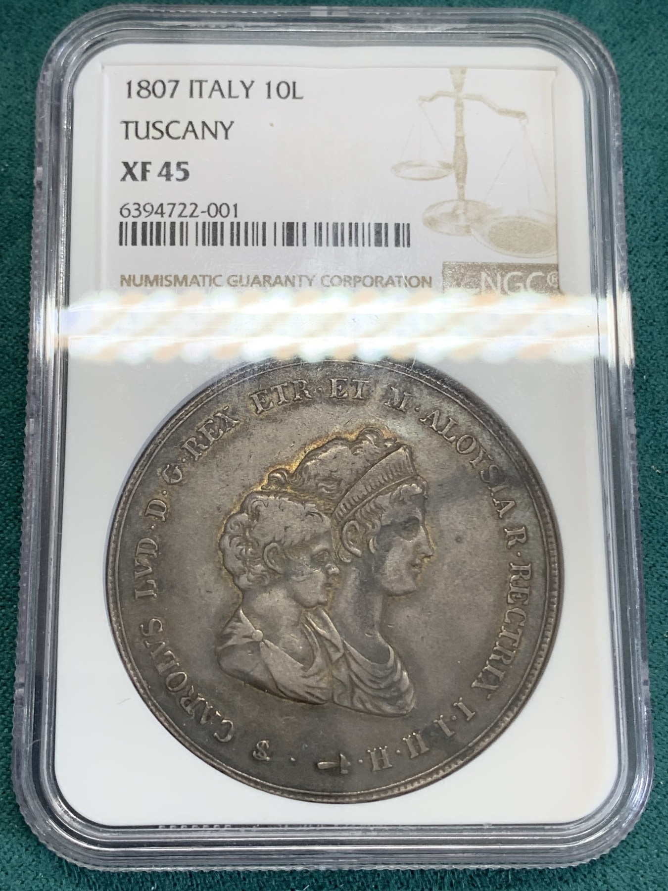 《竞宝斋》第192场-周日，周一 2场 (全场包邮) NGC-XF45 意大利托斯卡纳 1807年 10里拉 银币 酱彩黑包浆