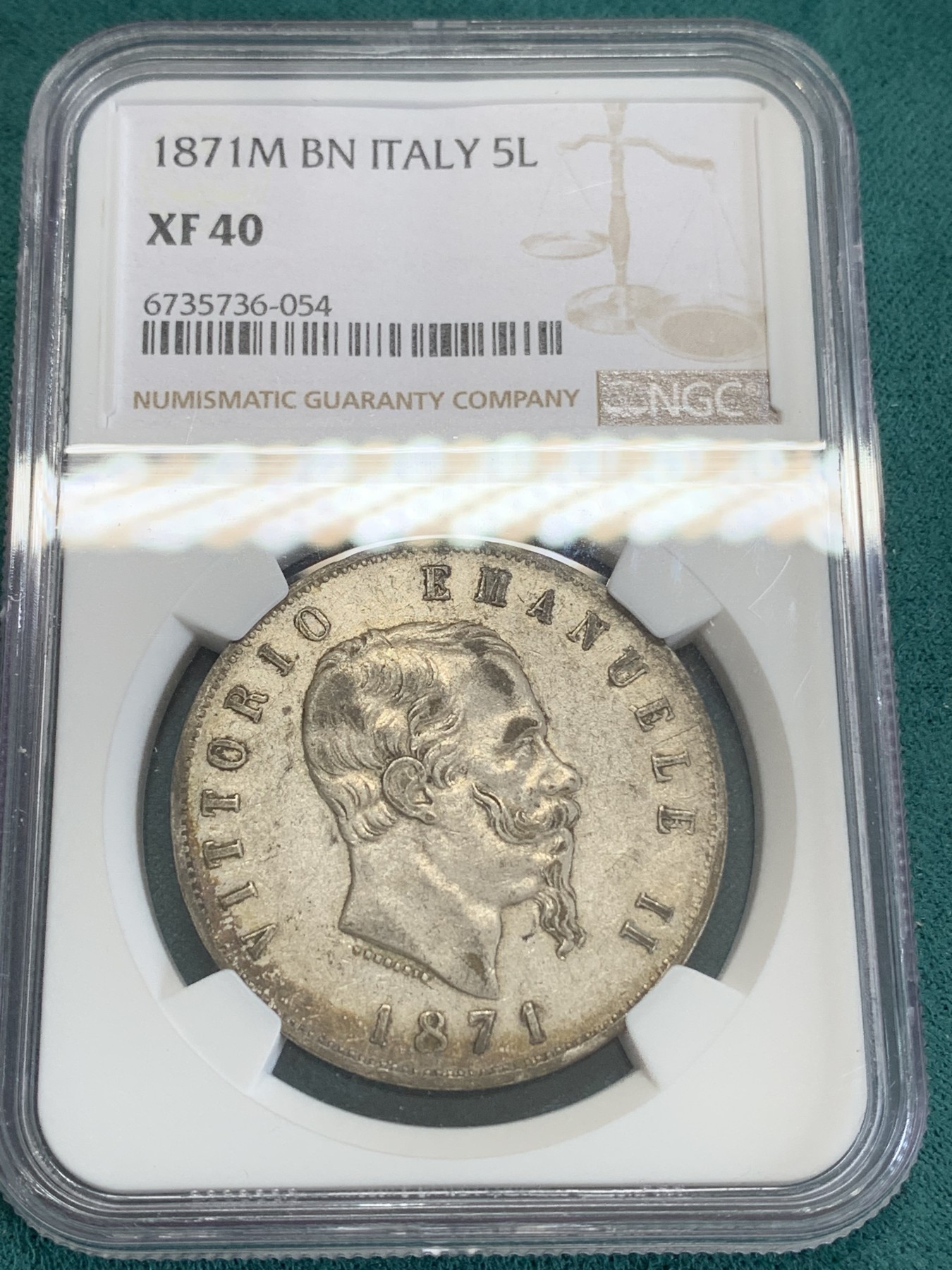 《竞宝斋》第192场-周日，周一 2场 (全场包邮) NGC-XF40 意大利1871年 米兰造 艾曼纽尔二世 5里拉大银币