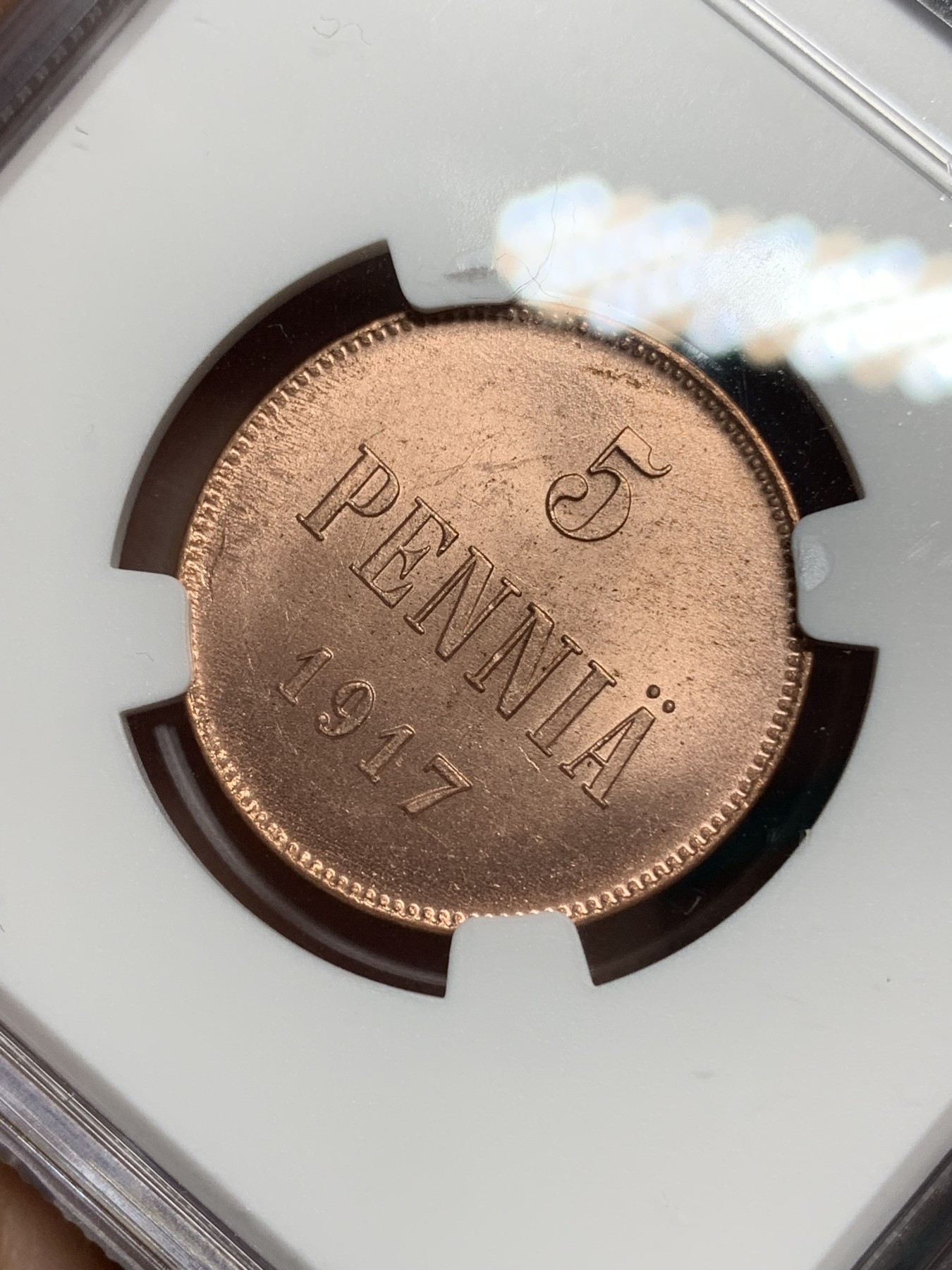 《竞宝斋》第192场-周日，周一 2场 (全场包邮) NGC MS63RD 俄占芬兰1917年克伦斯基临时政府5盆尼铜币，RD不易，一百多年的铜币还能保持如此铜光很难得