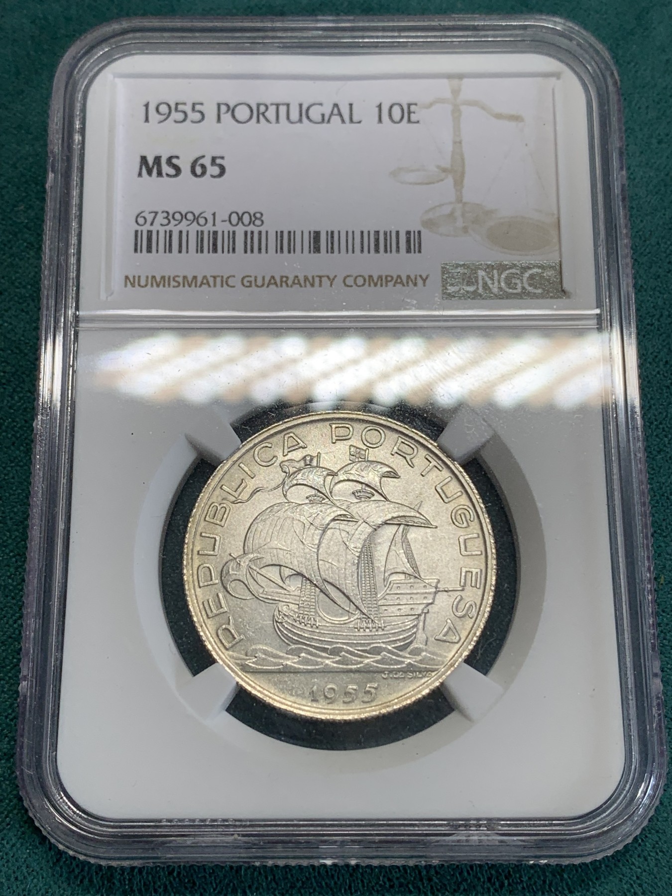 《竞宝斋》第192场-周日，周一 2场 (全场包邮) NGC-MS65 葡萄牙1955年大帆船10埃斯库多银币