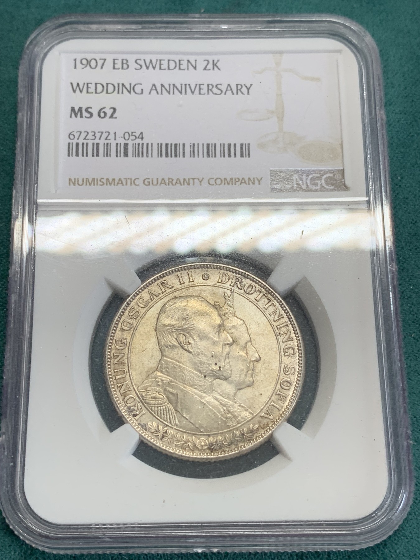 《竞宝斋》第192场-周日，周一 2场 (全场包邮) NGC-MS62 瑞典1907年 金婚2克朗银币