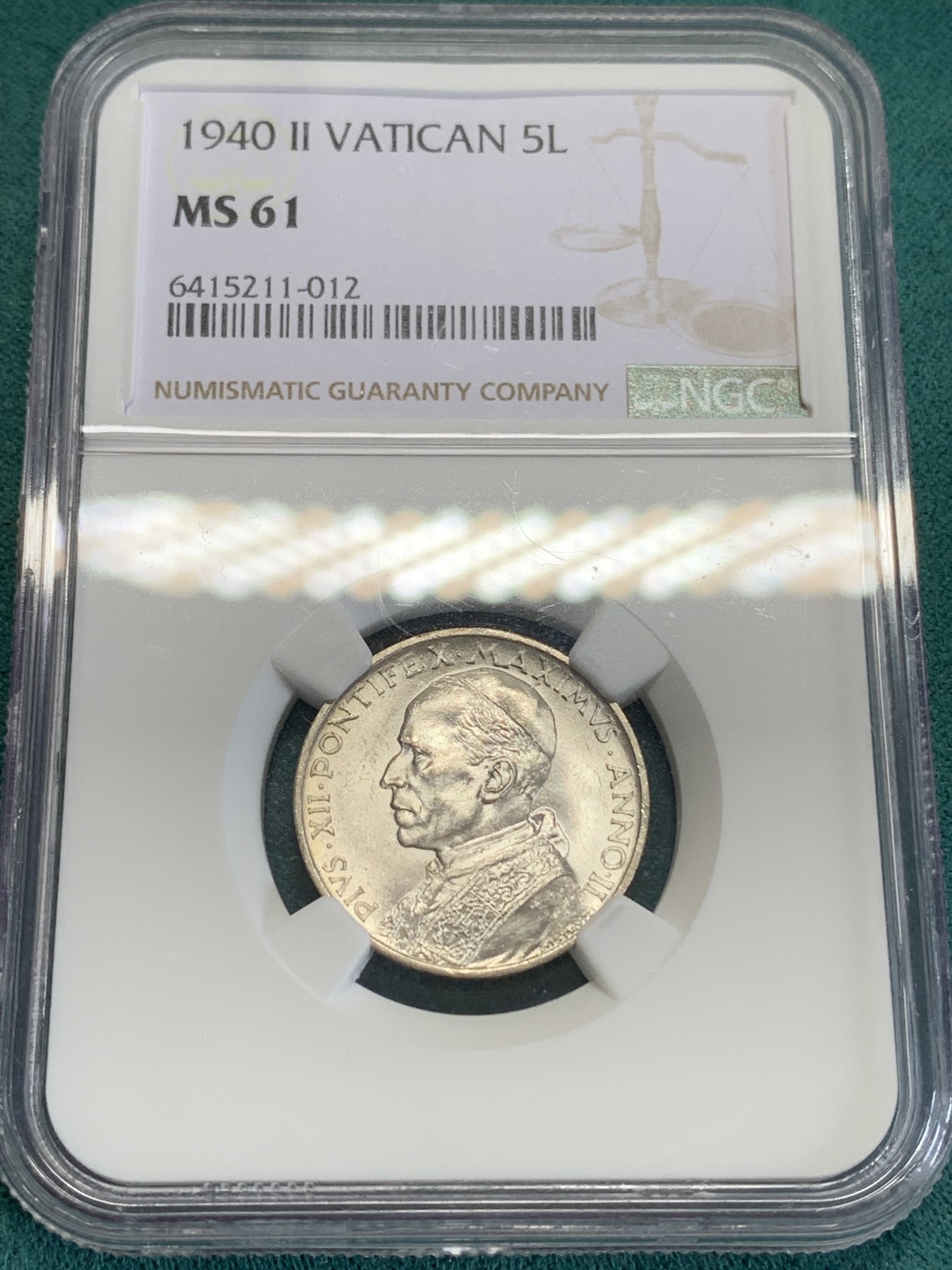 《竞宝斋》第192场-周日，周一 2场 (全场包邮) NGC-MS61 梵蒂冈1940年5里拉小船银币 转光明显