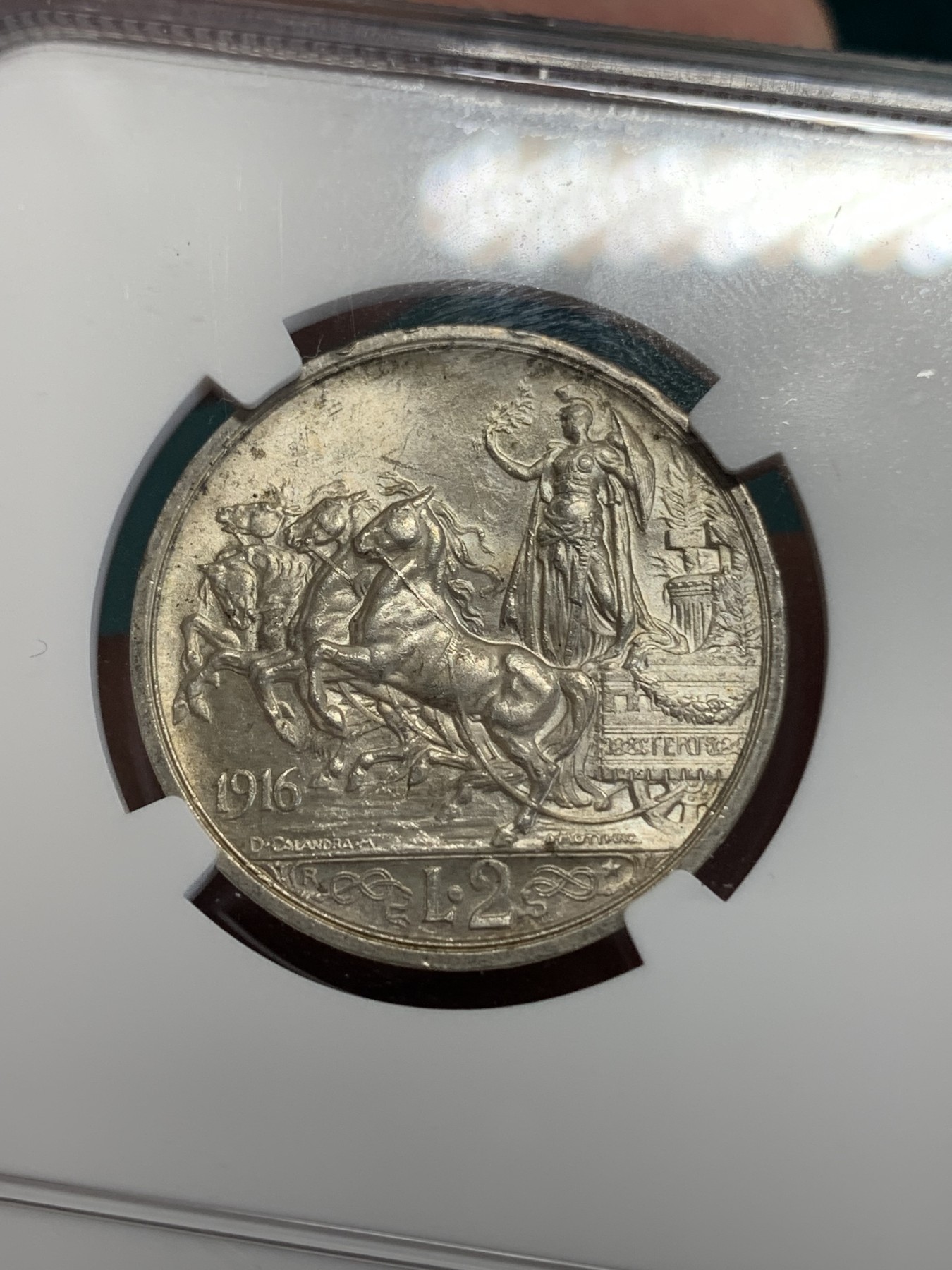 《竞宝斋》第192场-周日，周一 2场 (全场包邮) NGC-MS61 意大利 1916年 马车2里拉 银币