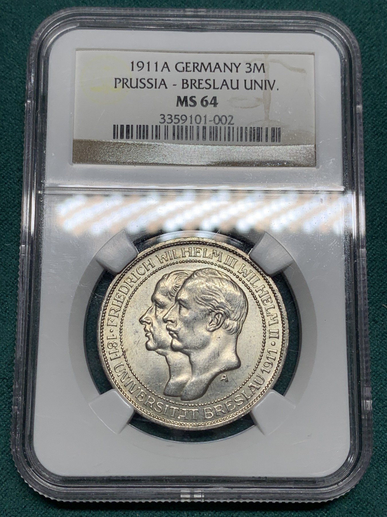 《竞宝斋》第192场-周日，周一 2场 (全场包邮) NGC-MS64 德国普鲁士 1911年 布雷斯劳大学 3马克银币