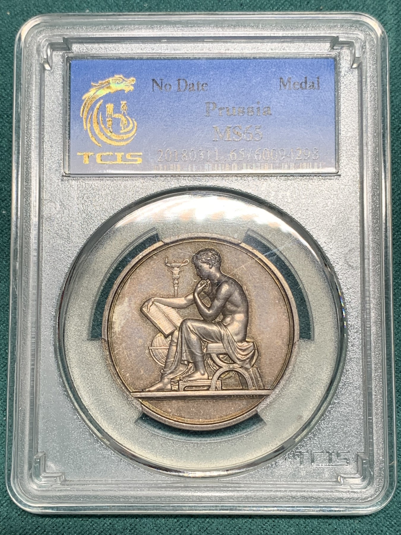 《竞宝斋》第192场-周日，周一 2场 (全场包邮) 天印评级MS65   德国普鲁士斯图加特古典读书小银章 包浆漂亮 细节优秀