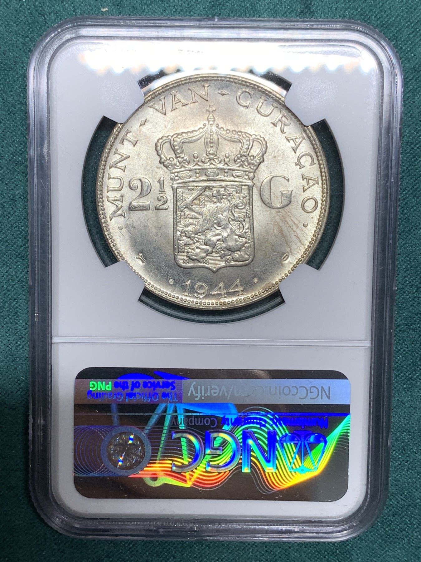 《竞宝斋》第192场-周日，周一 2场 (全场包邮) NGC MS63 荷属库拉索1944年威廉明娜2.5G大银币