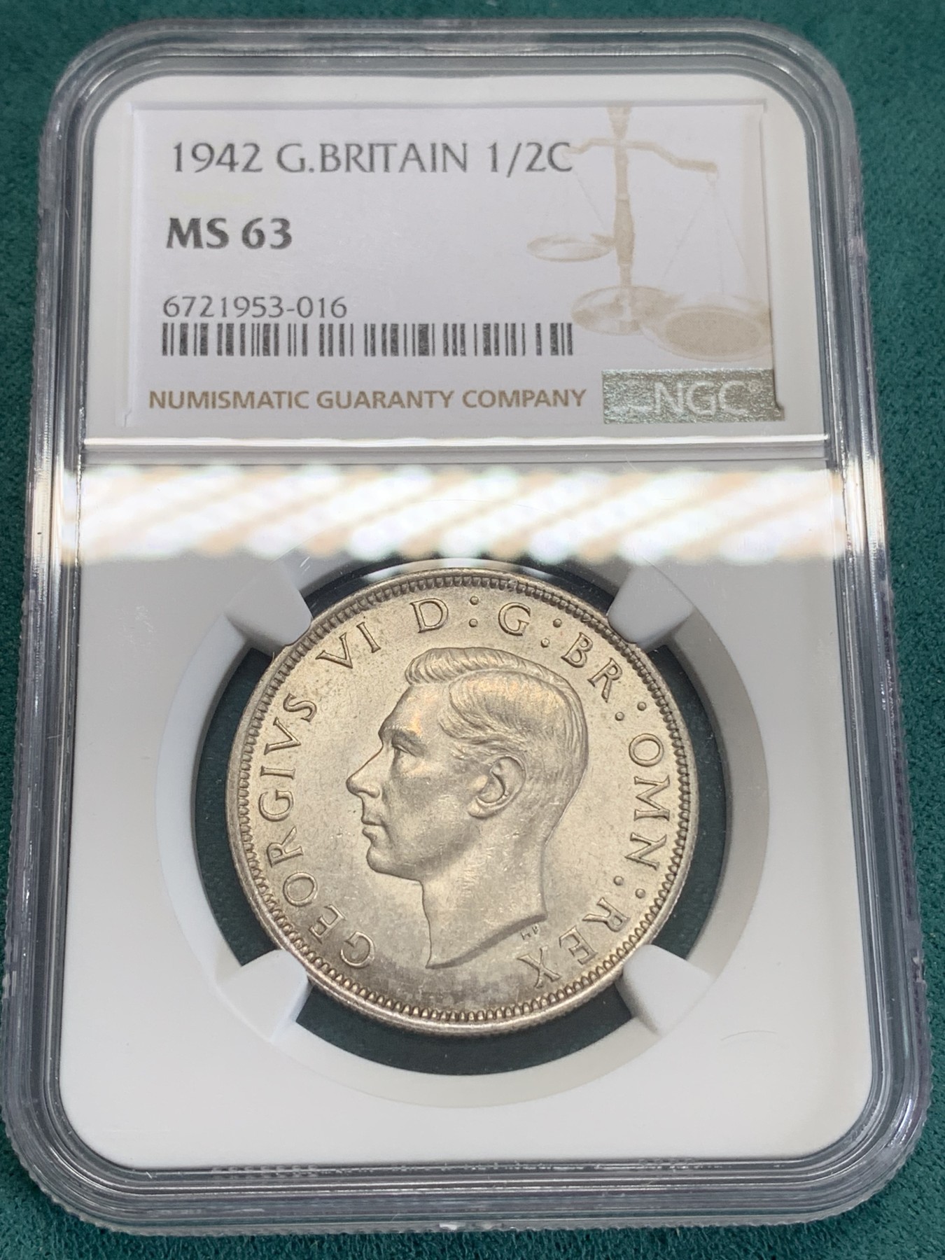 《竞宝斋》第192场-周日，周一 2场 (全场包邮) NGC MS63 英国1942年乔治六世半克朗银币