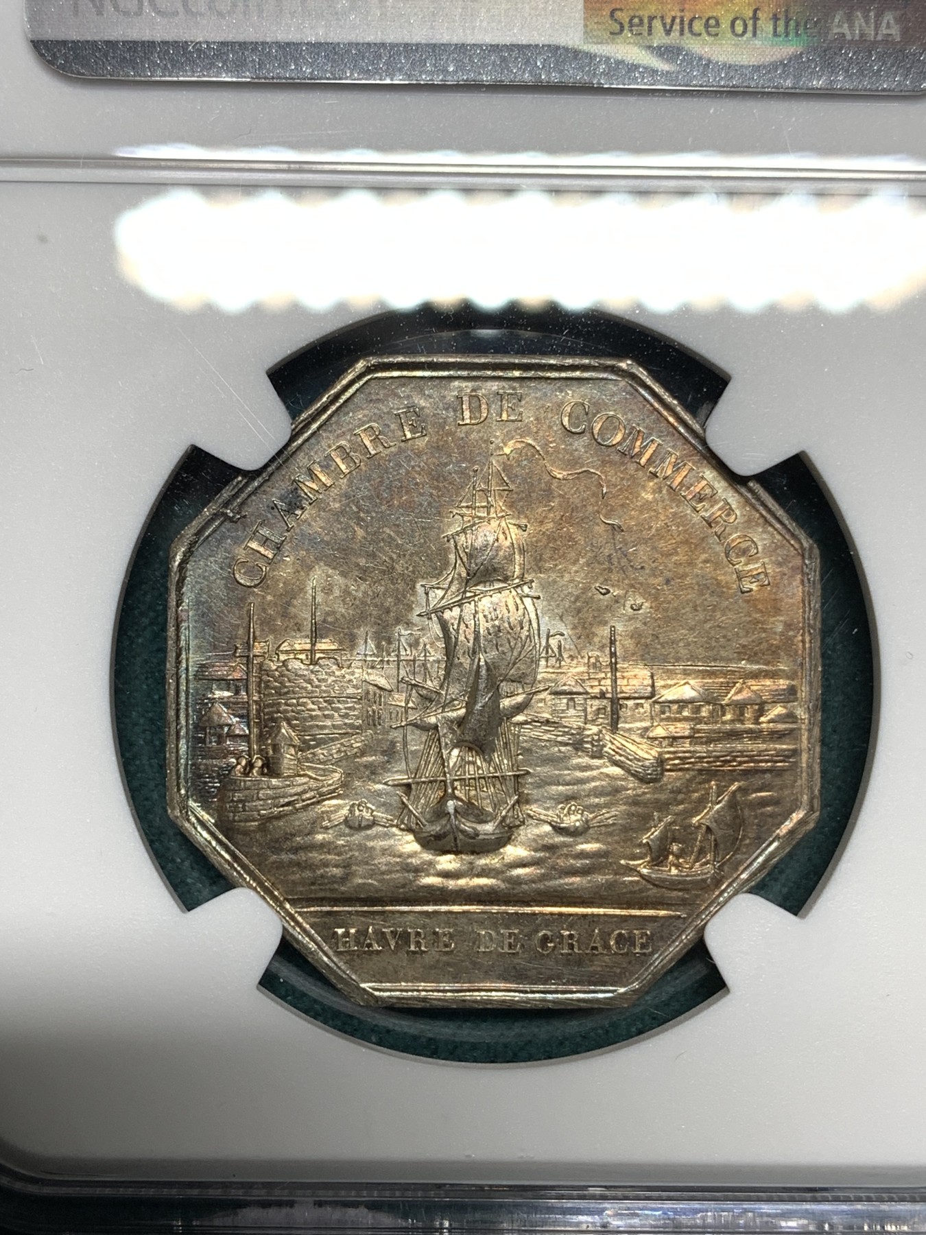 《竞宝斋》第192场-周日，周一 2场 (全场包邮) NGC MS62 法国海港商贸八角银质代币