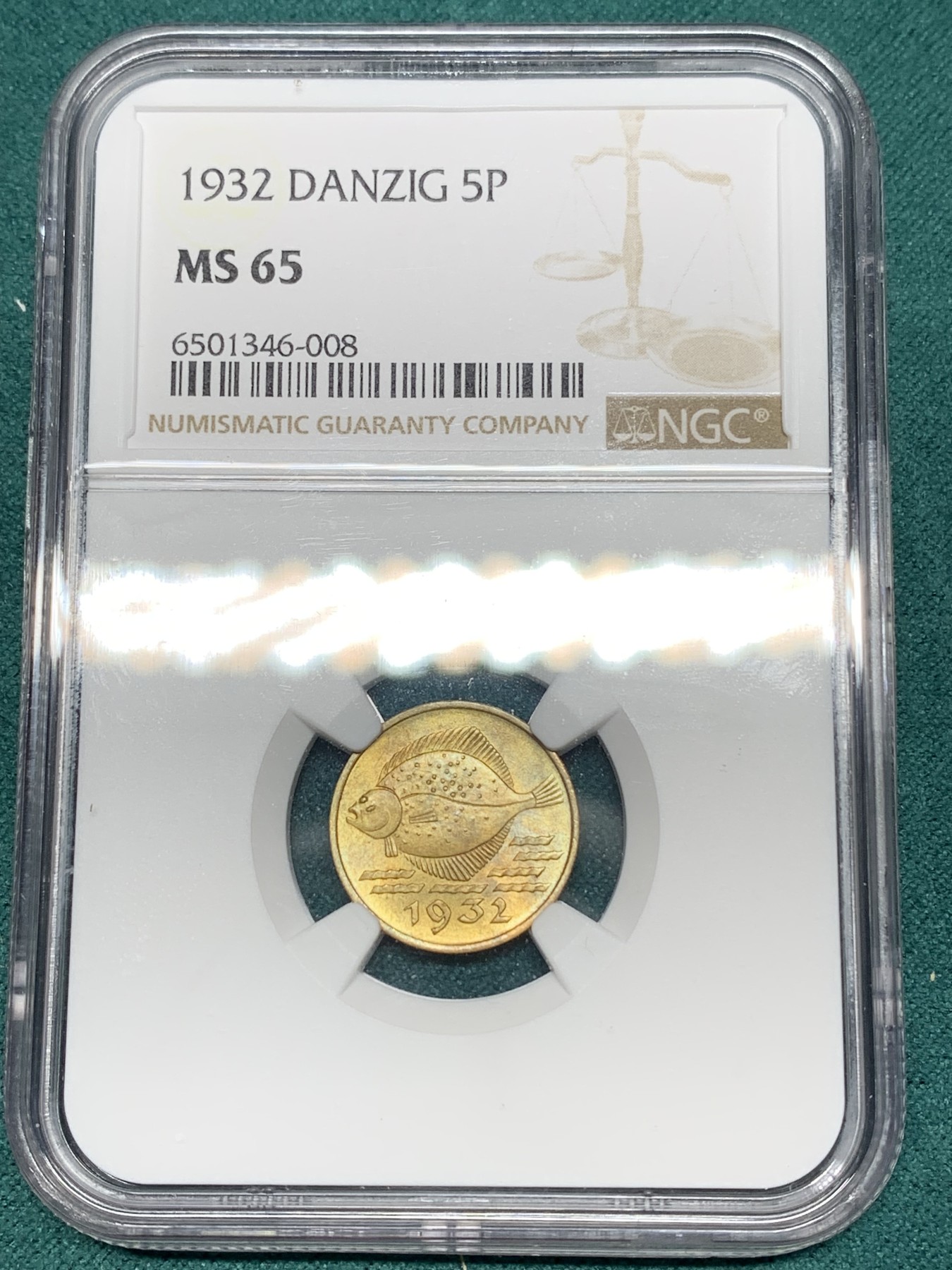 《竞宝斋》第192场-周日，周一 2场 (全场包邮) NGC MS65 1932年但泽自由港5芬尼 鱼币系列好品甚少 去年稀奇一枚63分成交600元