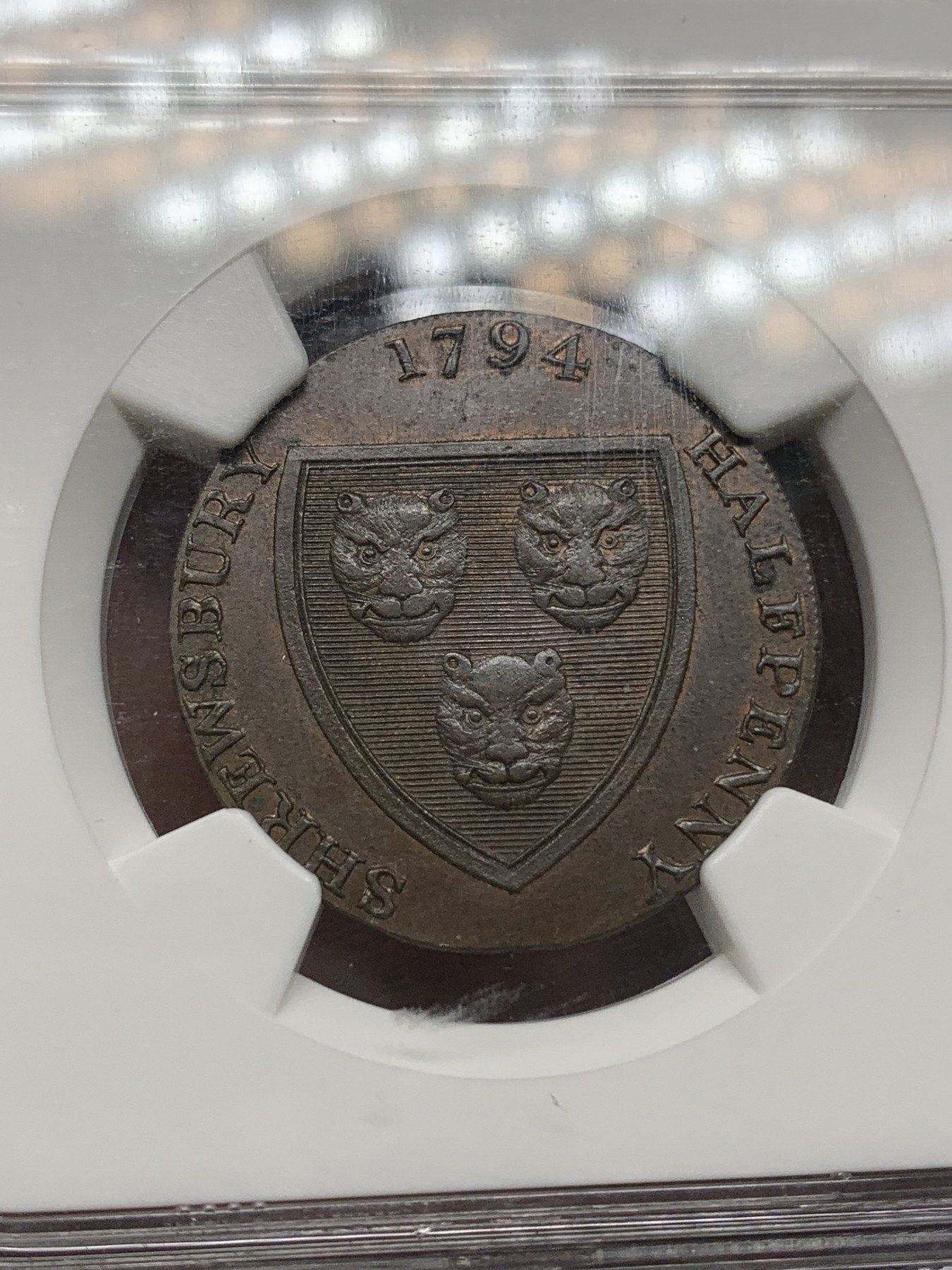 《竞宝斋》第192场-周日，周一 2场 (全场包邮) NGC MS64 1794年英国SHREWSBURY 1/2便士代币 老盒高分 收藏级品相