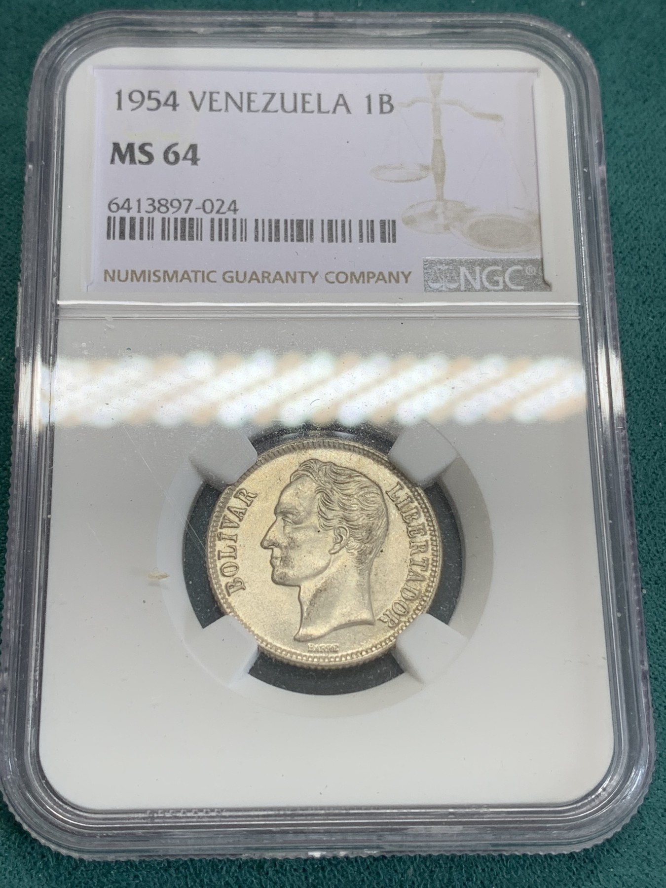 《竞宝斋》第192场-周日，周一 2场 (全场包邮) NGC-MS63 委内瑞拉1954年 1波利瓦尔银币 好品小辅币