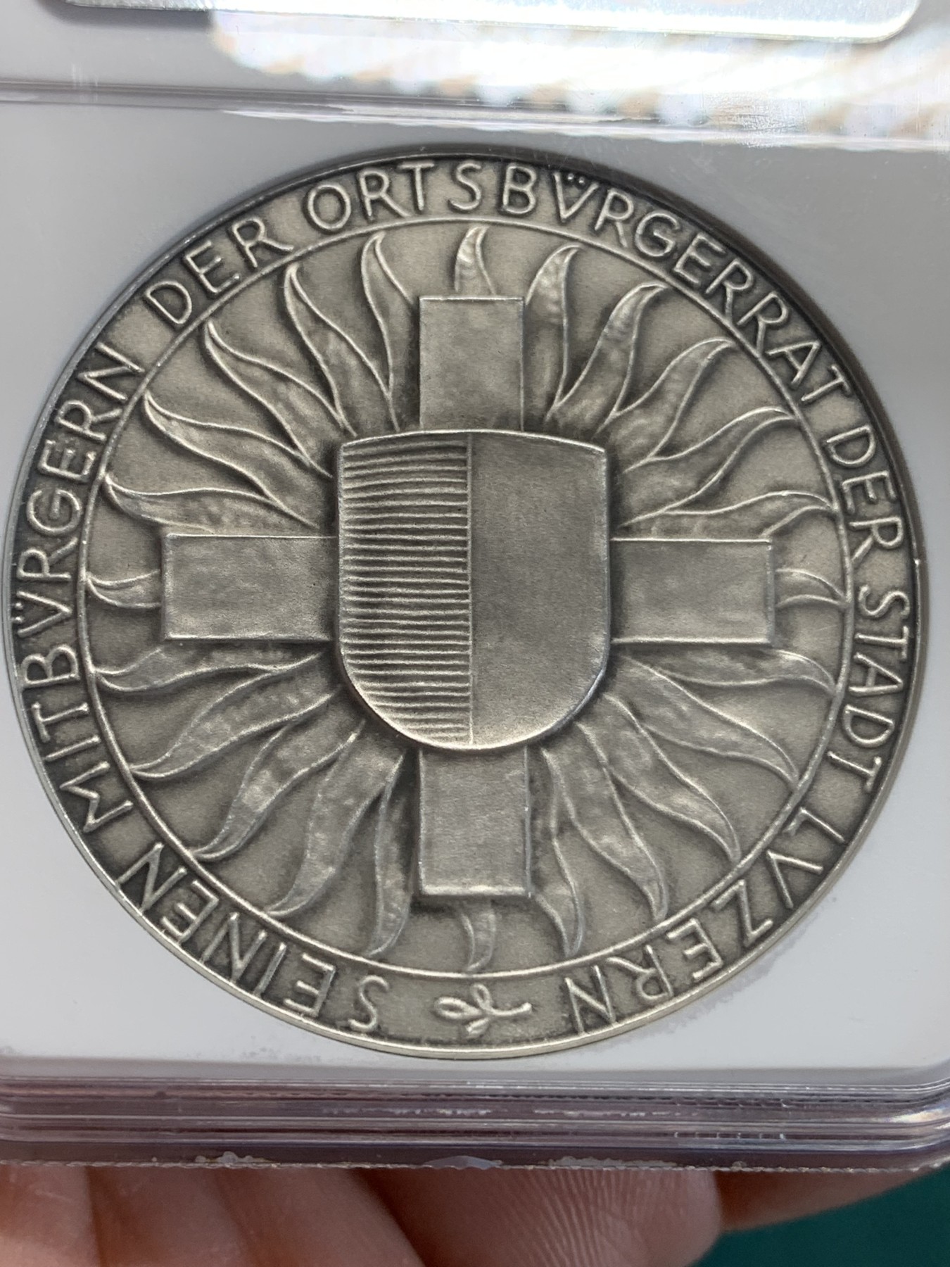 《竞宝斋》第192场-周日，周一 2场 (全场包邮) NGC MS63 瑞士1918卢塞恩射击节银章 45mm大规格