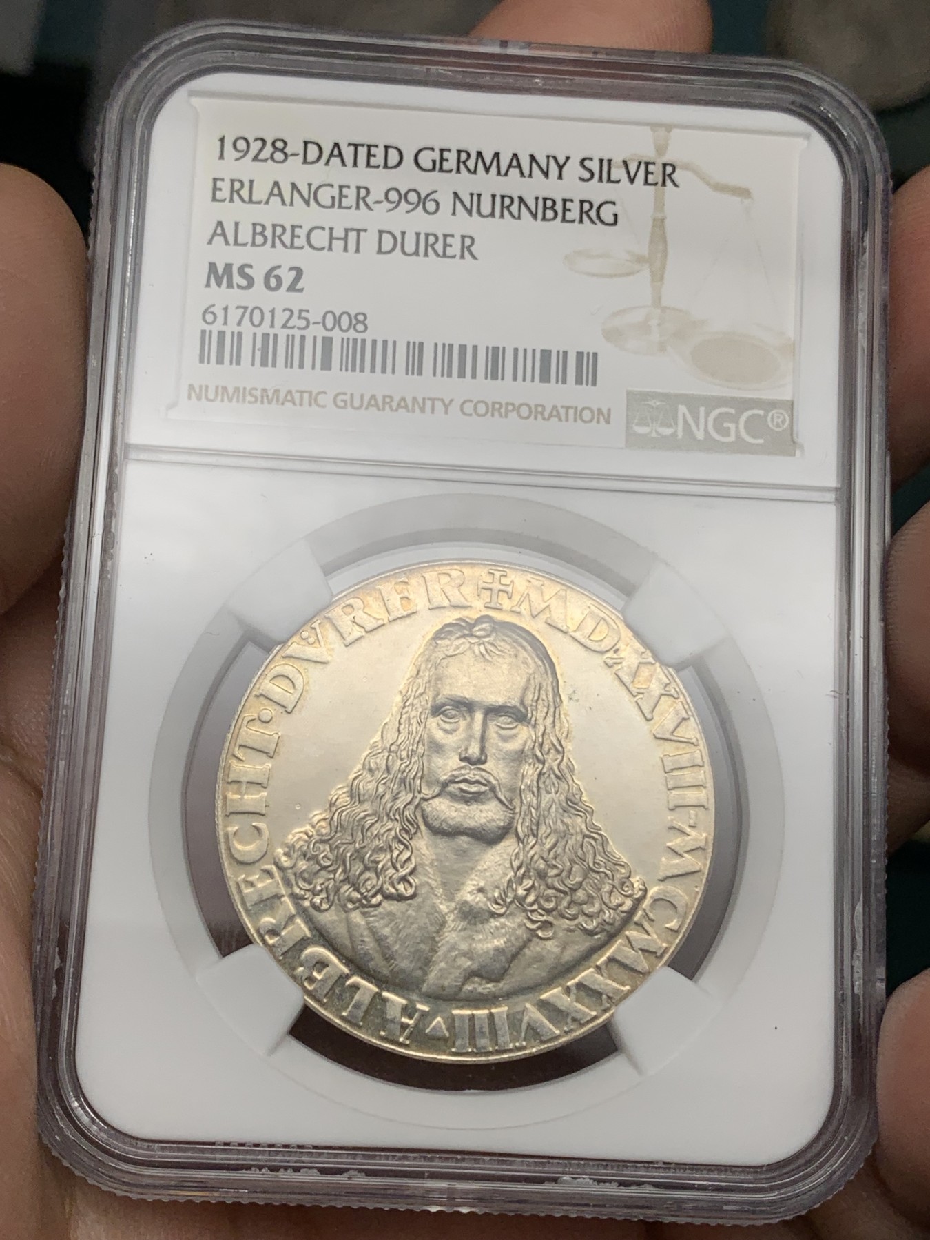 《竞宝斋》第192场-周日，周一 2场 (全场包邮) NGC MS62 德国1928画家丢勒镜面底板银章背面少见