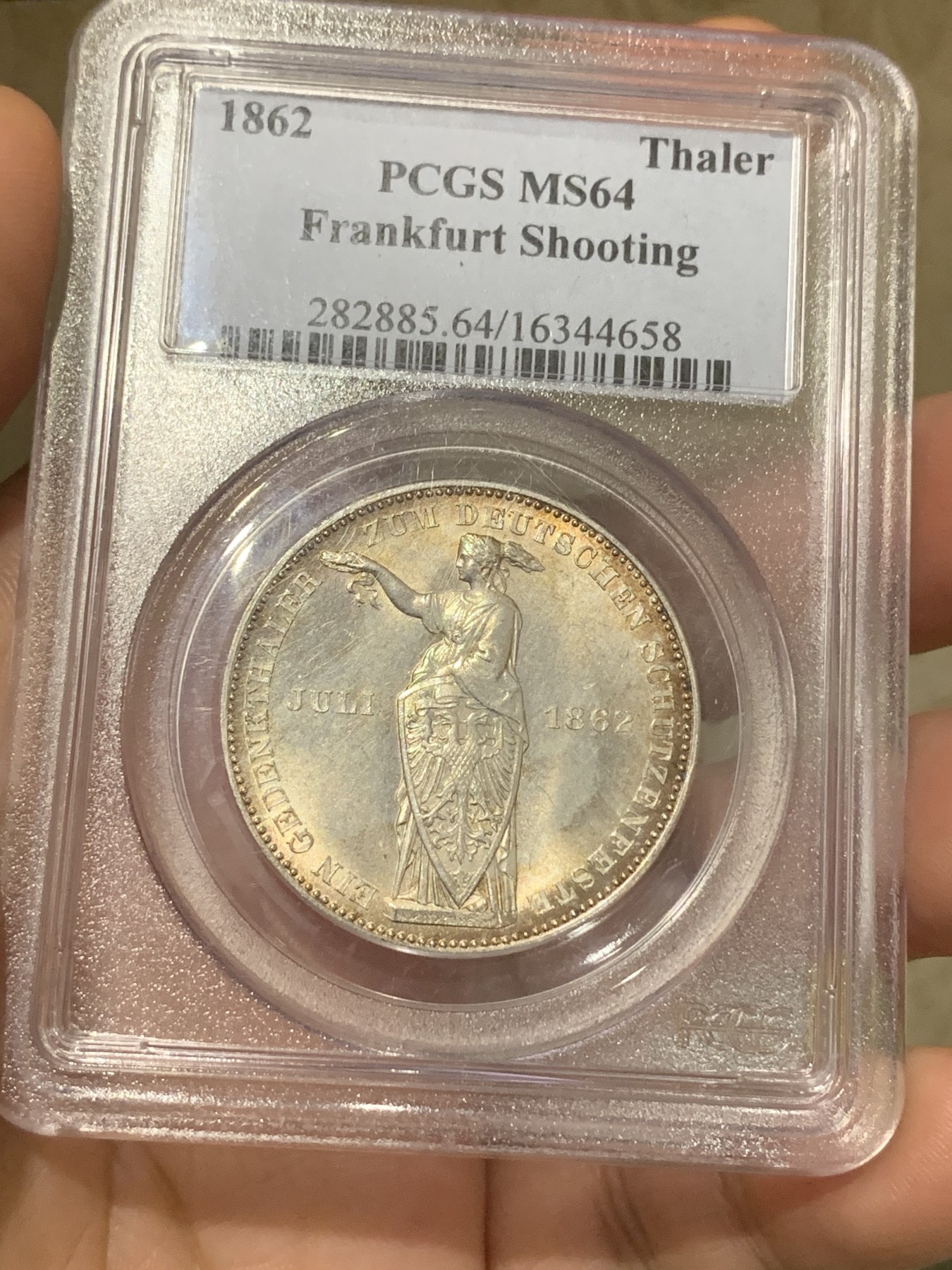 《竞宝斋》第192场-周日，周一 2场 (全场包邮) PCGS MS64 德国1862年法兰克福射击节1泰勒银币