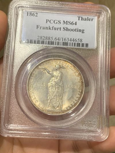 《竞宝斋》第192场-周日，周一 2场 (全场包邮) - PCGS MS64 德国1862年法兰克福射击节1泰勒银币