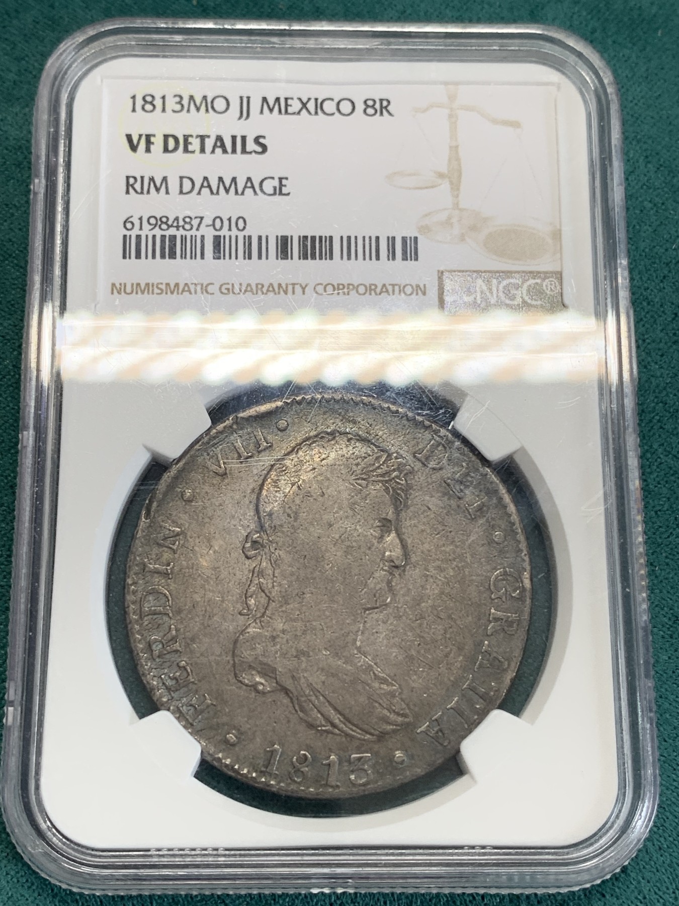 《竞宝斋》第192场-周日，周一 2场 (全场包邮) NGC VF 墨西哥1813MO JJ斐七 双柱8R大银币