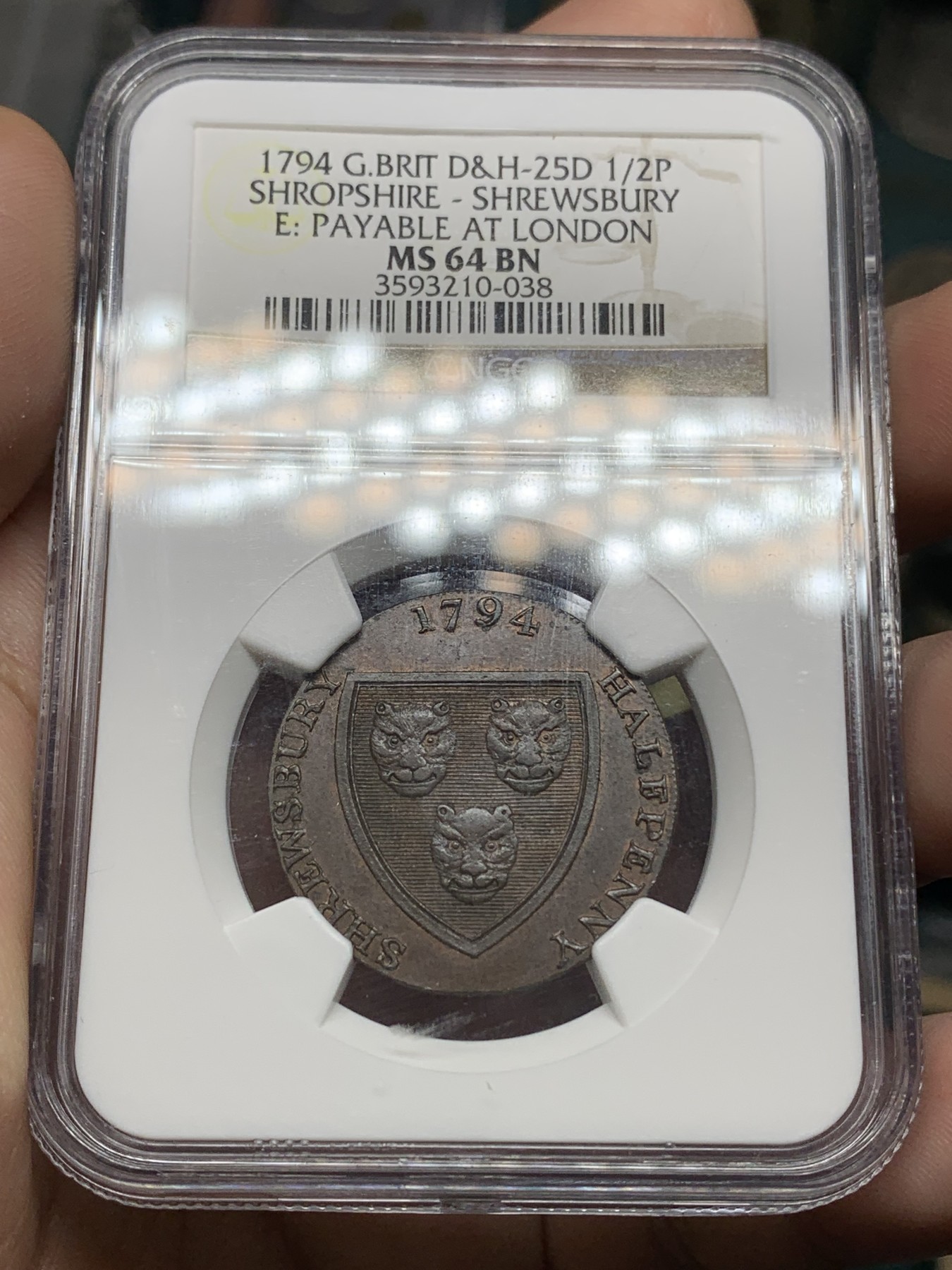 《竞宝斋》第192场-周日，周一 2场 (全场包邮) NGC MS64 1794年英国SHREWSBURY 1/2便士代币 老盒高分 收藏级品相