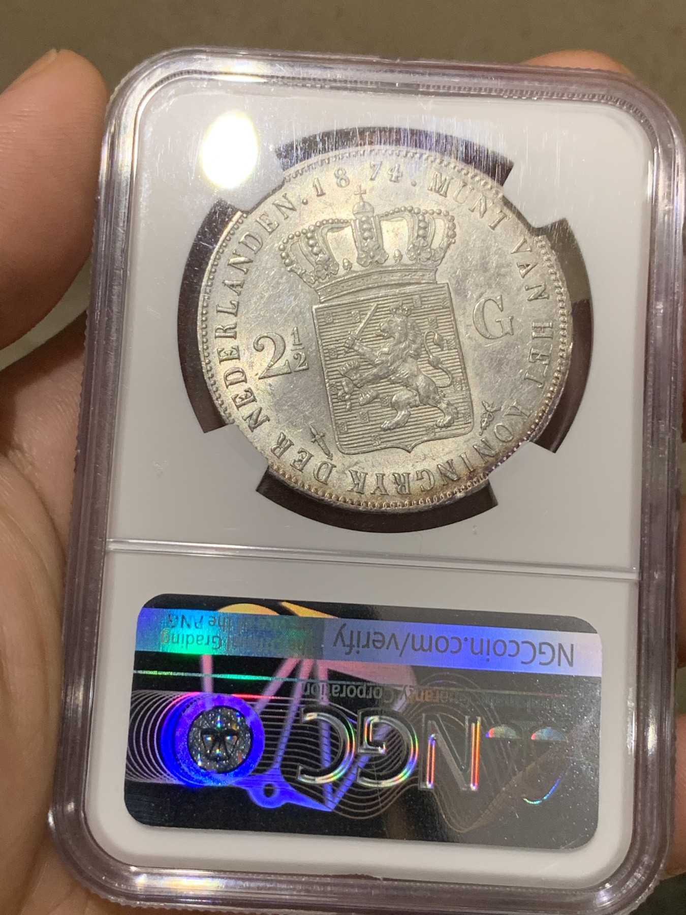 《竞宝斋》第192场-周日，周一 2场 (全场包邮) NGC MS60 荷兰1874年威廉三世2.5盾大银币 原光 MS的少见