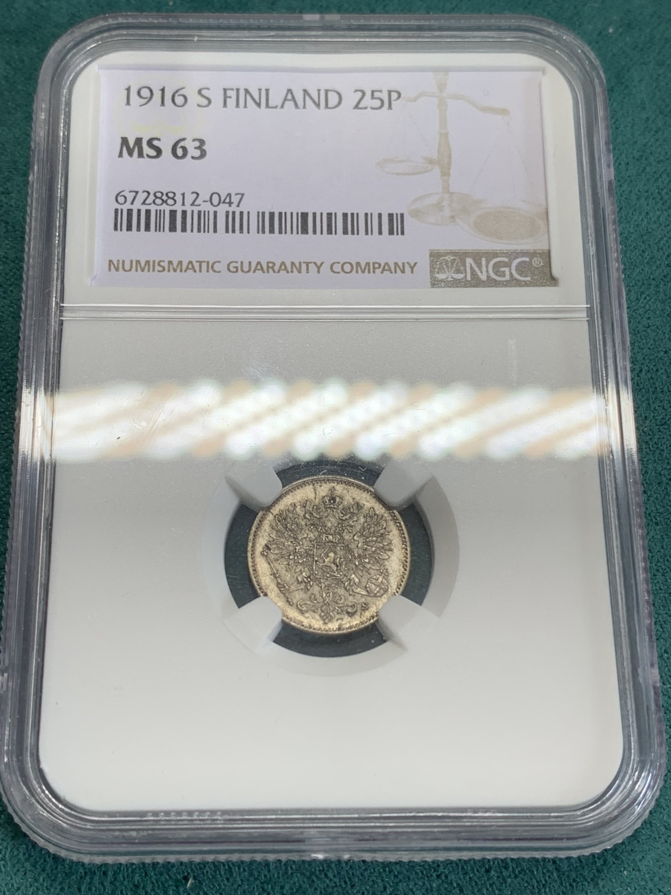 《竞宝斋》第192场-周日，周一 2场 (全场包邮) NGC-MS63 俄属芬兰1916年双头鹰25分银币