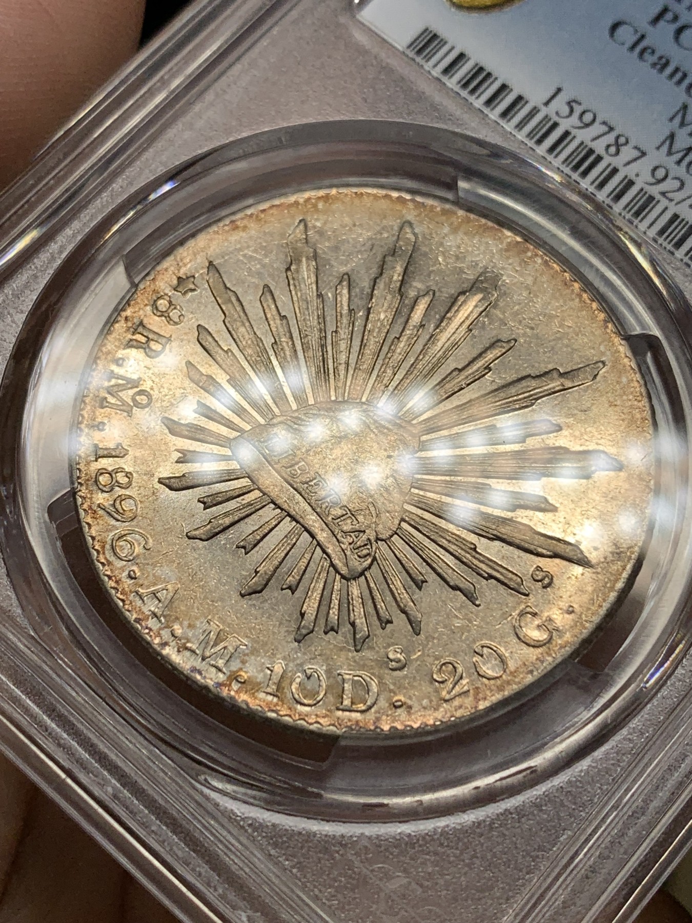 《竞宝斋》第192场-周日，周一 2场 (全场包邮) PCGS UNC92 墨西哥 1896年 8瑞尔 花边鹰洋银币 状态很好 严评 官网有仙图