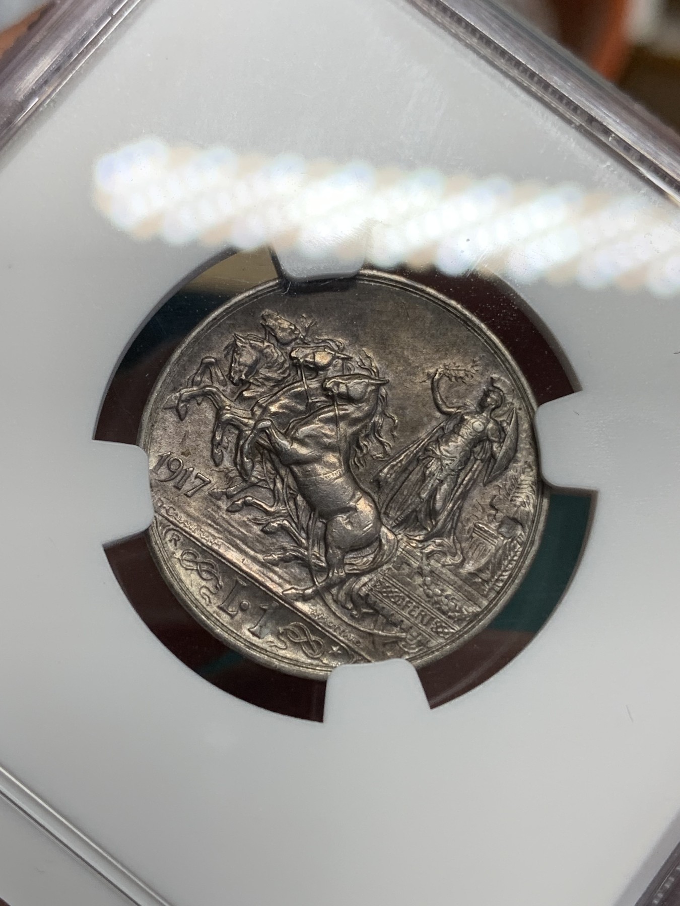 《竞宝斋》第192场-周日，周一 2场 (全场包邮) NGC-AU58 意大利 1917年 马车1里拉 银币